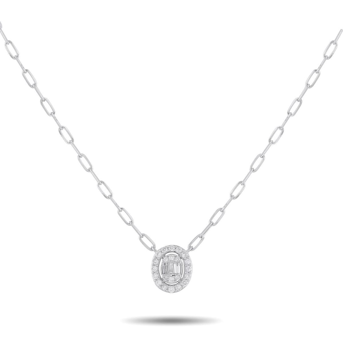 14K WHITE GOLD 0.30CT DIAMOND PENDANT NECKLACE: This stylish necklace will complement any ensemble. Crafted from 14K White Gold, the oval-shaped pendant shines to life thanks to inset Diamonds totaling 0.30 carats. The pendant measures 0.44 long by