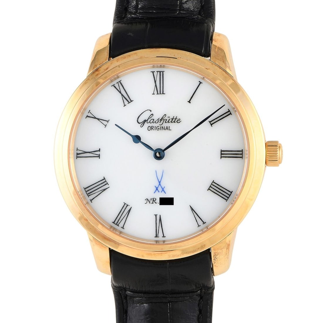 GLASHUTTE ORIGINAL SENATOR MEISSEN WATCH: Introduced in 2008 is this simple yet sophisticated timepiece from Glashtte's Senator series. This very elegant time-only model features a neat dial made in collaboration with the Meissen porcelain co