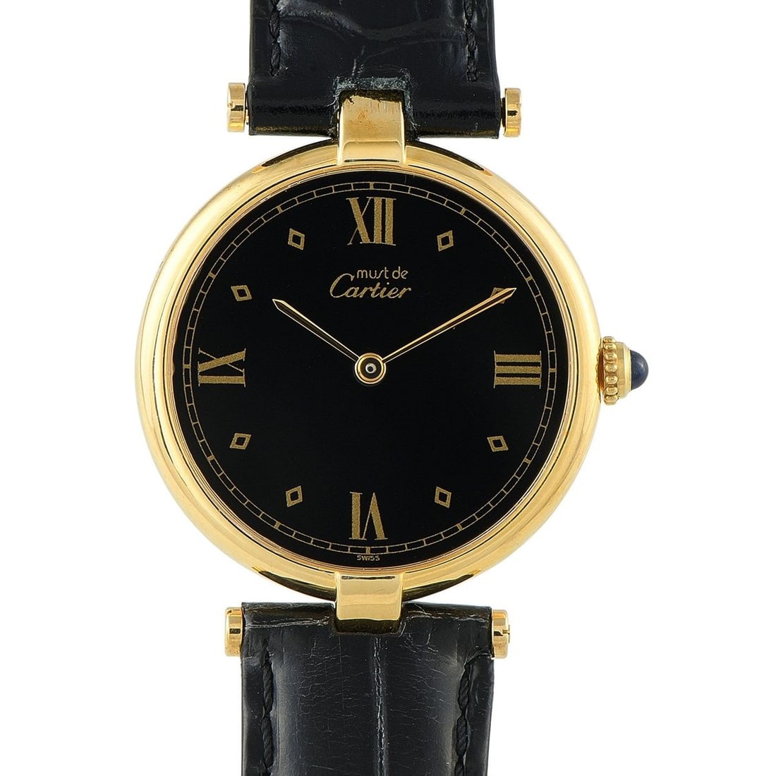 CARTIER MUST DE CARTIER VENDME BLACK DIAL VERMEIL QUARTZ WATCH: A perfectly balanced unisex timepiece. This large model Cartier Must Vendme watch features a 30mm sterling silver case plated with thick 20-micron gold. It has Cartier's signature rounded, bar-like Ve
