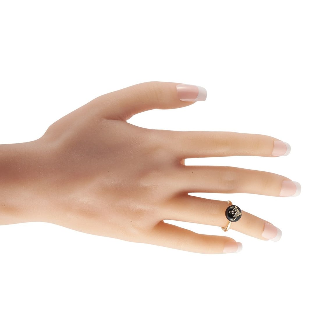 LOUIS VUITTON 18K YELLOW GOLD DIAMOND STAR BLOSSOM RING: This Louis Vuitton ring beautifully combines colors, textures, and luxury materials. The brands iconic Star Blossom motif makes a sparkling statement in Diamonds atop this pieces chic, minimalist sett