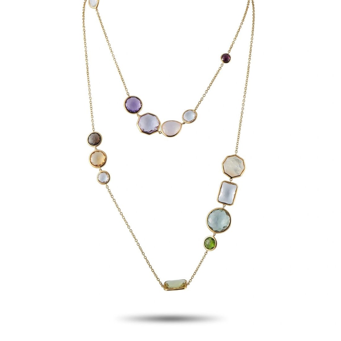 IPPOLITA 18K YELLOW GOLD MULTI-GEMSTONE NECKLACE: This playful Ippolita necklace is designed to make a statement. The dramatic 43 chain comes to life thanks to vibrant multicolored gemstones, which feature unique shapes, colors, and textures. Set in 