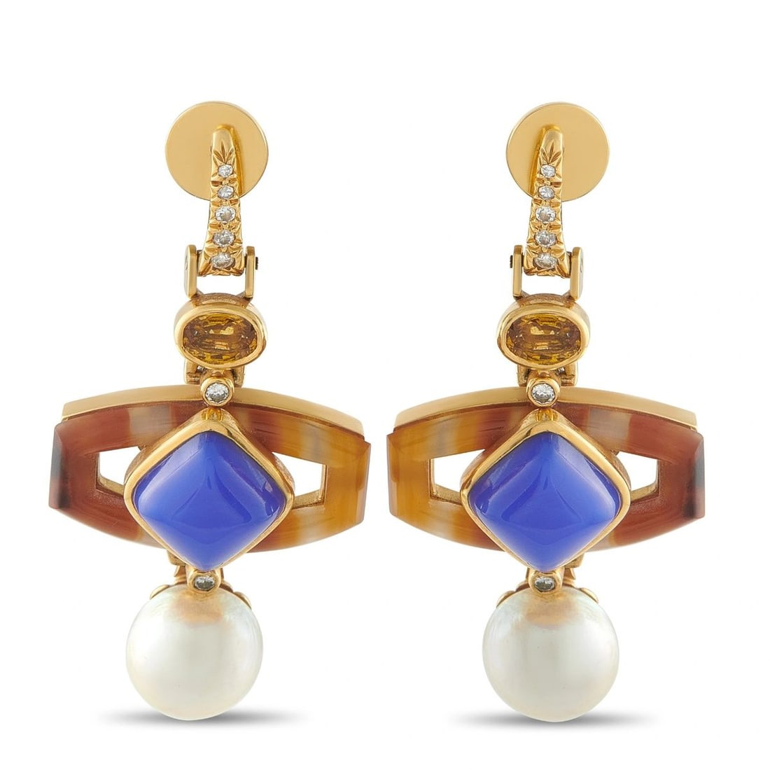18K YELLOW GOLD 0.28CT DIAMOND, PEARL, TOURMALINE, AGATE, AND CHALCEDONY DROP EARRINGS: These drop earrings are crafted in 18K yellow gold and feature a banded agate plaque centered with a cabochon blue chalcedony, suspended above a bezel-set tourmaline and finished with a lustrous 13mm 