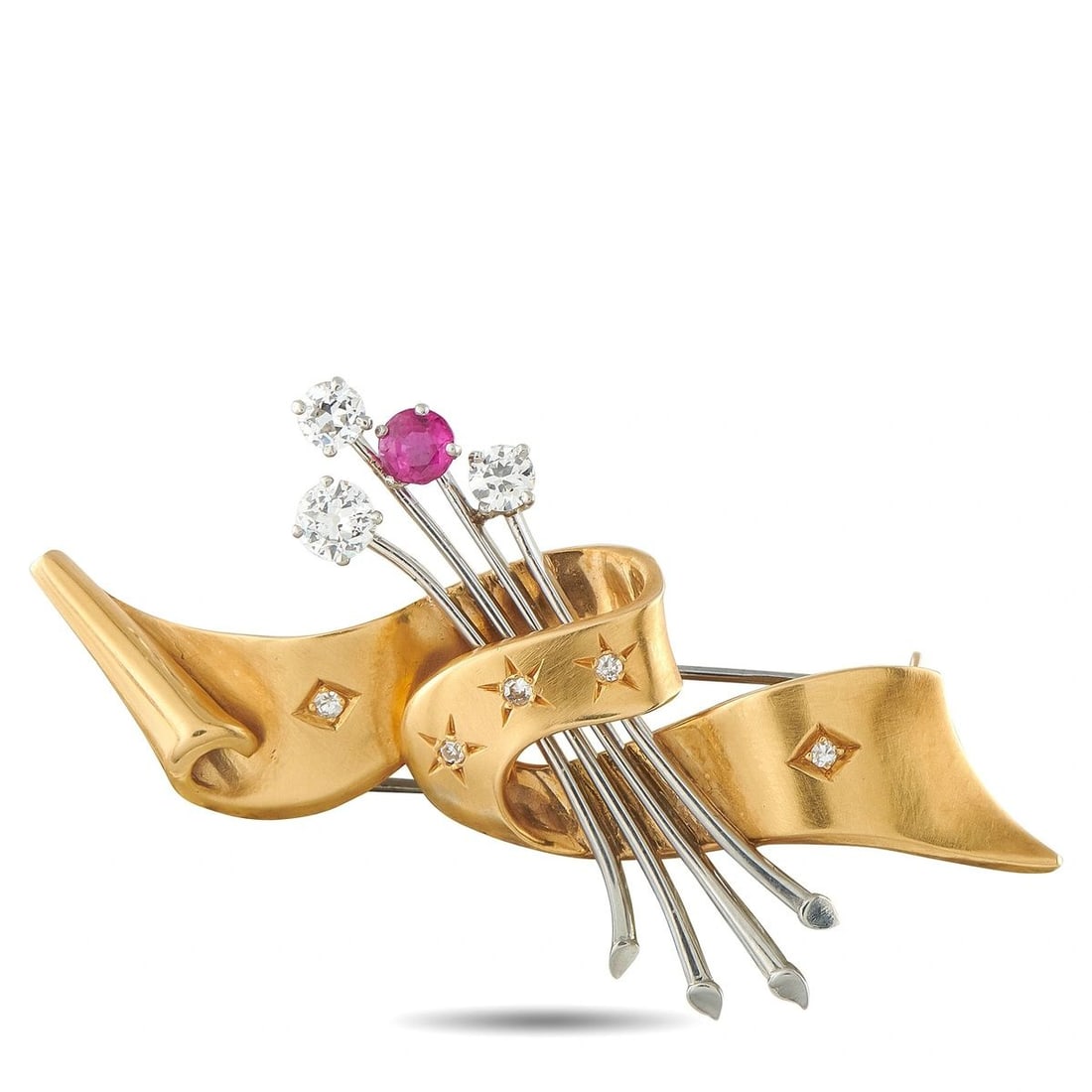 18K YELLOW GOLD AND PLATINUM 0.70CT DIAMOND AND RUBY BROOCH (1 of 3)
