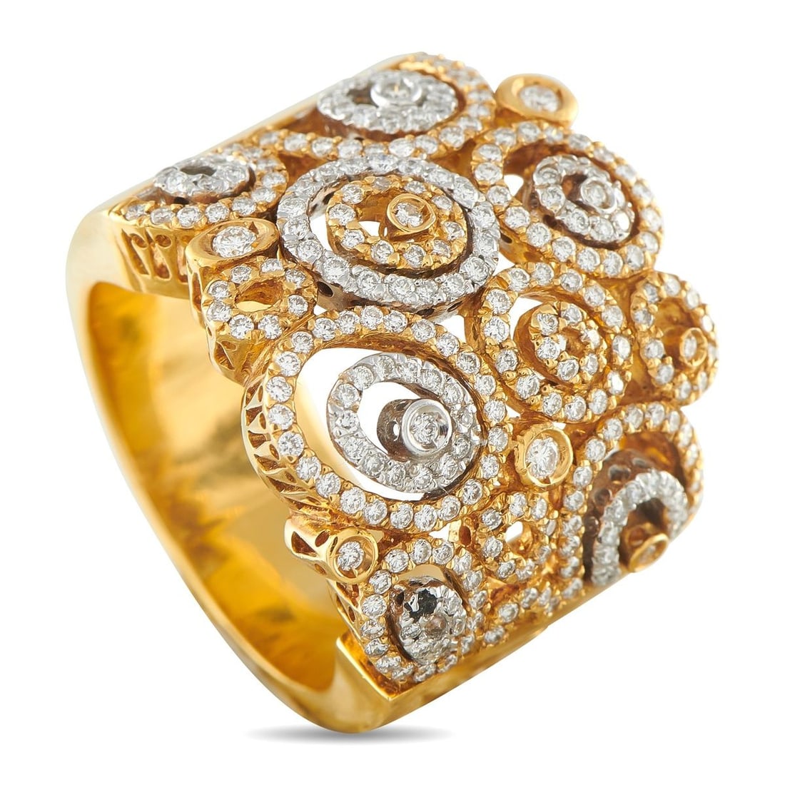 PONTE VECCHIO 18K YELLOW GOLD 1.50CT DIAMOND RING: Stunning circular motifs fill this Ponte Vacchio ring with a distinctive sense of movement. Crafted from lustrous 18K Yellow Gold, this dramatic piece is elevated by sparkling Diamonds with a total we