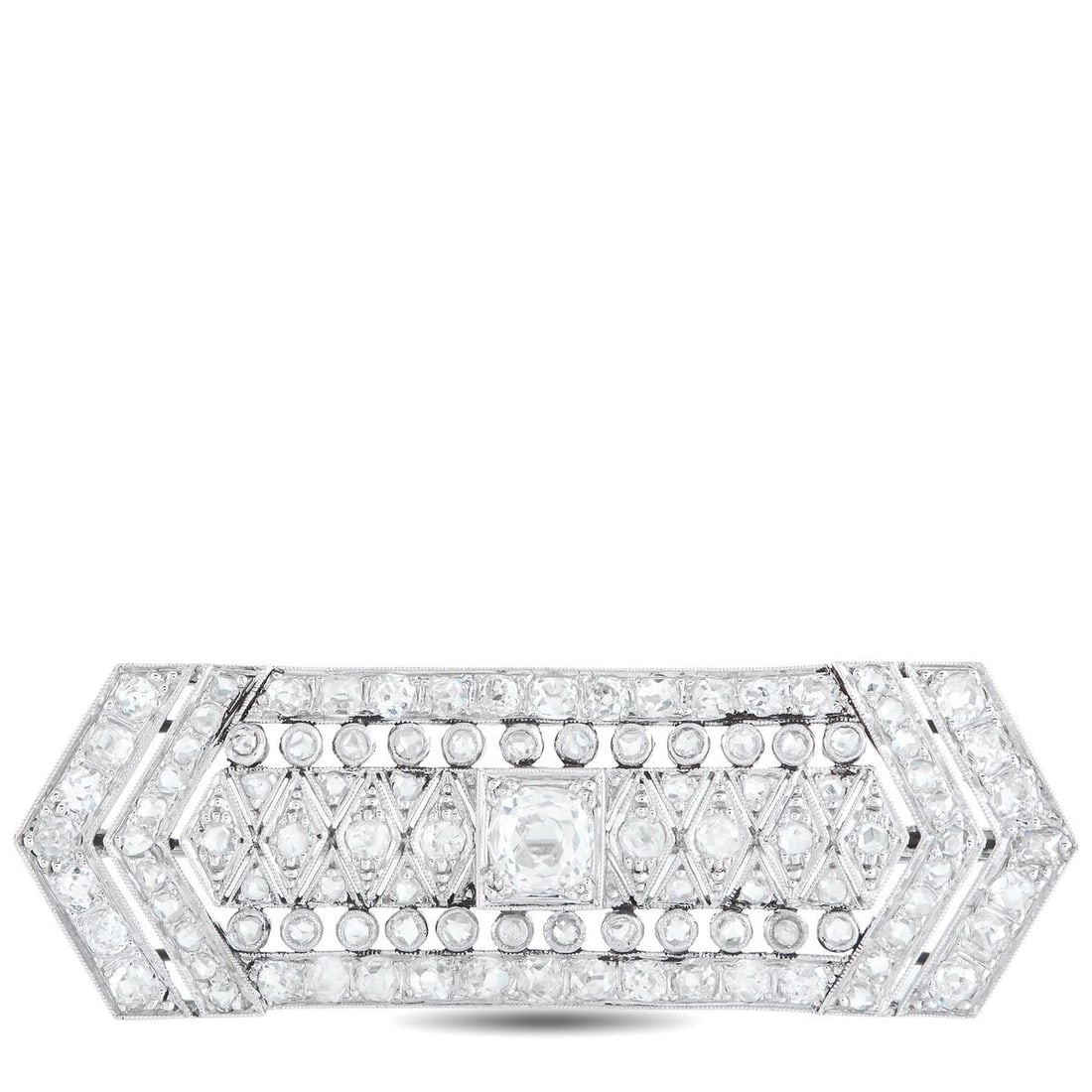 ANTIQUE 18K WHITE GOLD 3.85CT DIAMOND FRENCH BROOCH: Add old fashioned elegance to any ensemble with this exquisite antique French brooch. The symmetrical 18K White Gold setting draws inspiration from Art Deco design, while Diamonds with a total weight 