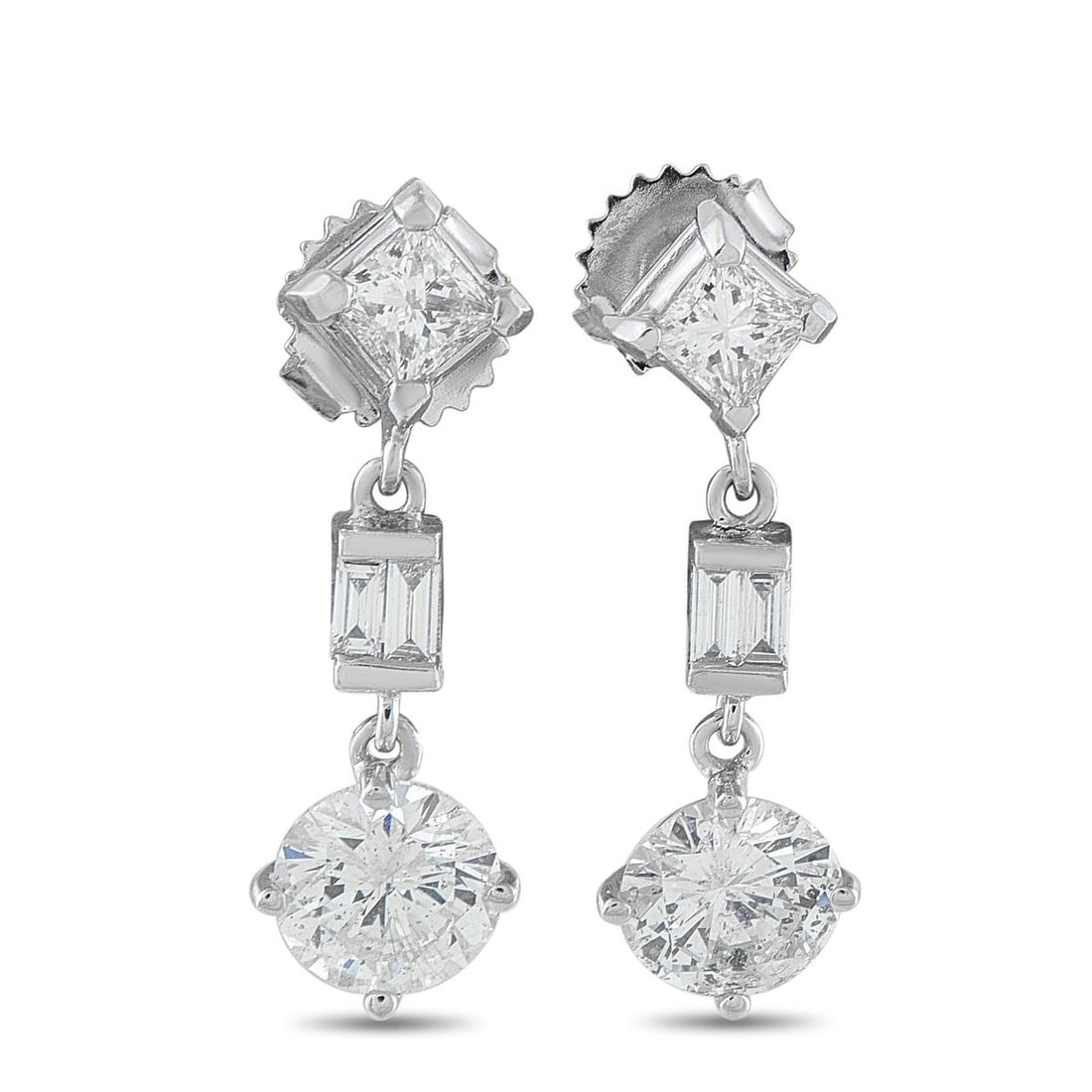 18K WHITE GOLD 3.25CT DIAMOND DROP EARRINGS: A striking pair of estate diamond drop earrings crafted in 18K white gold, featuring 3.25 carats of elegant diamonds in a three-element linear design. Each earring begins with a square princess-cut di