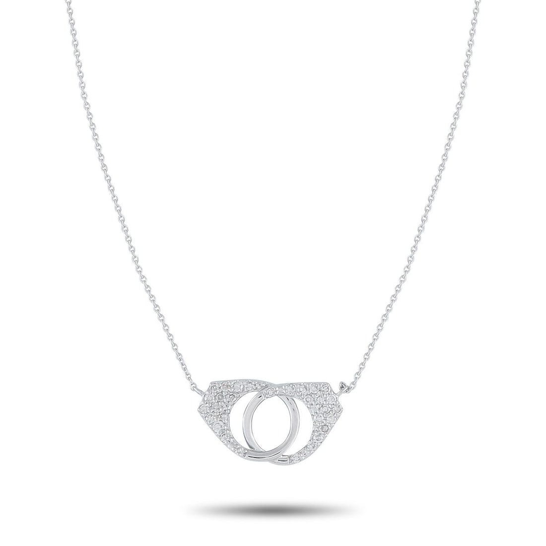 14K WHITE GOLD 0.15CT DIAMOND PAVE HANDCUFF PENDANT NECKLACE: Lock a little sparkle around your neck with this diamond necklace. The pendant, shaped like interlocking handcuffs and pav-set with 0.15 carats of petite diamonds, measures 0.32 by 0.63. It is held by