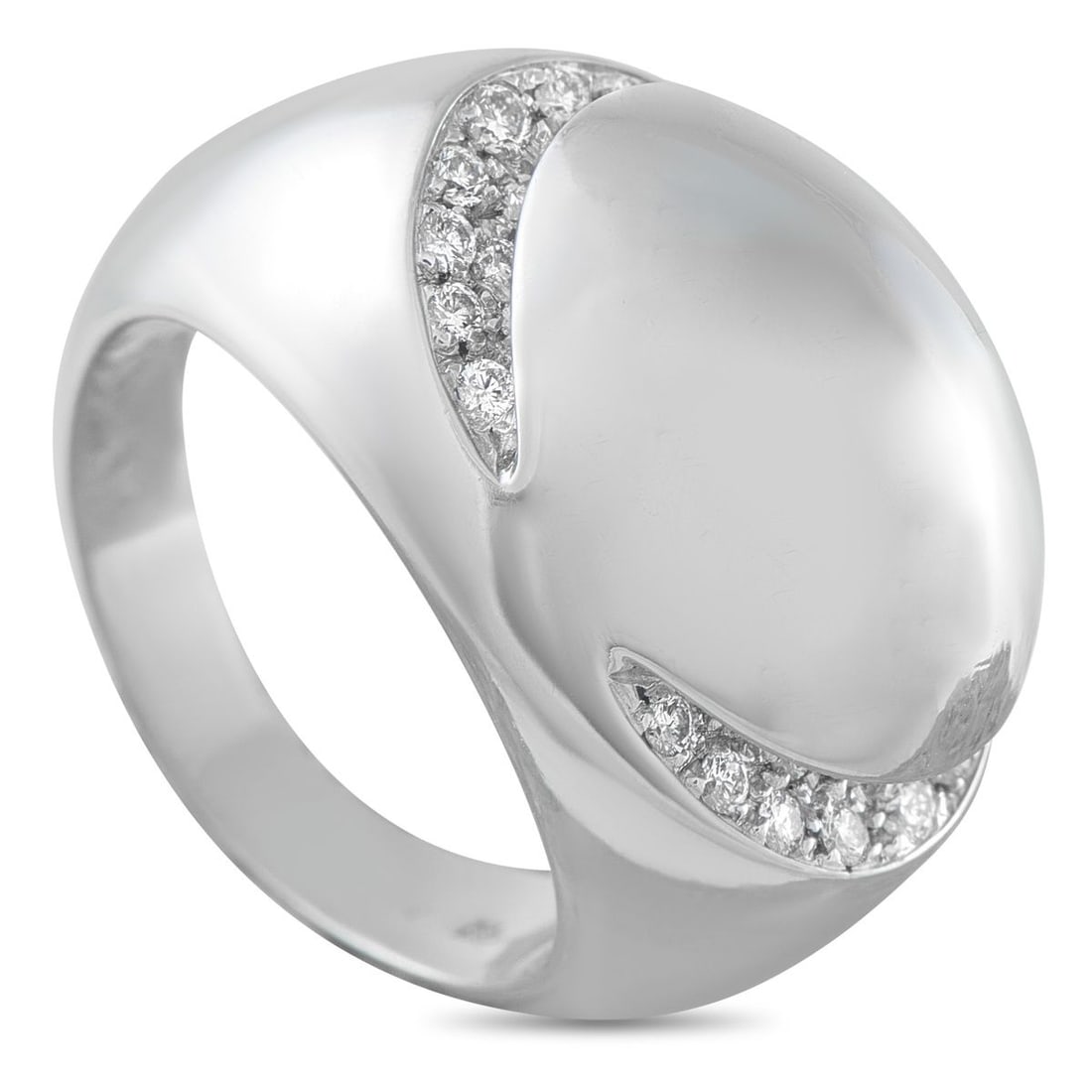 BVLGARI 18K WHITE GOLD DIAMOND DOME RING: A dramatic rounded design makes this Bvlgari ring impossible to ignore. Inset Diamonds on each side of the 18K White Gold setting add contemporary elegance and a touch of sparkle. Ideal for everyday w