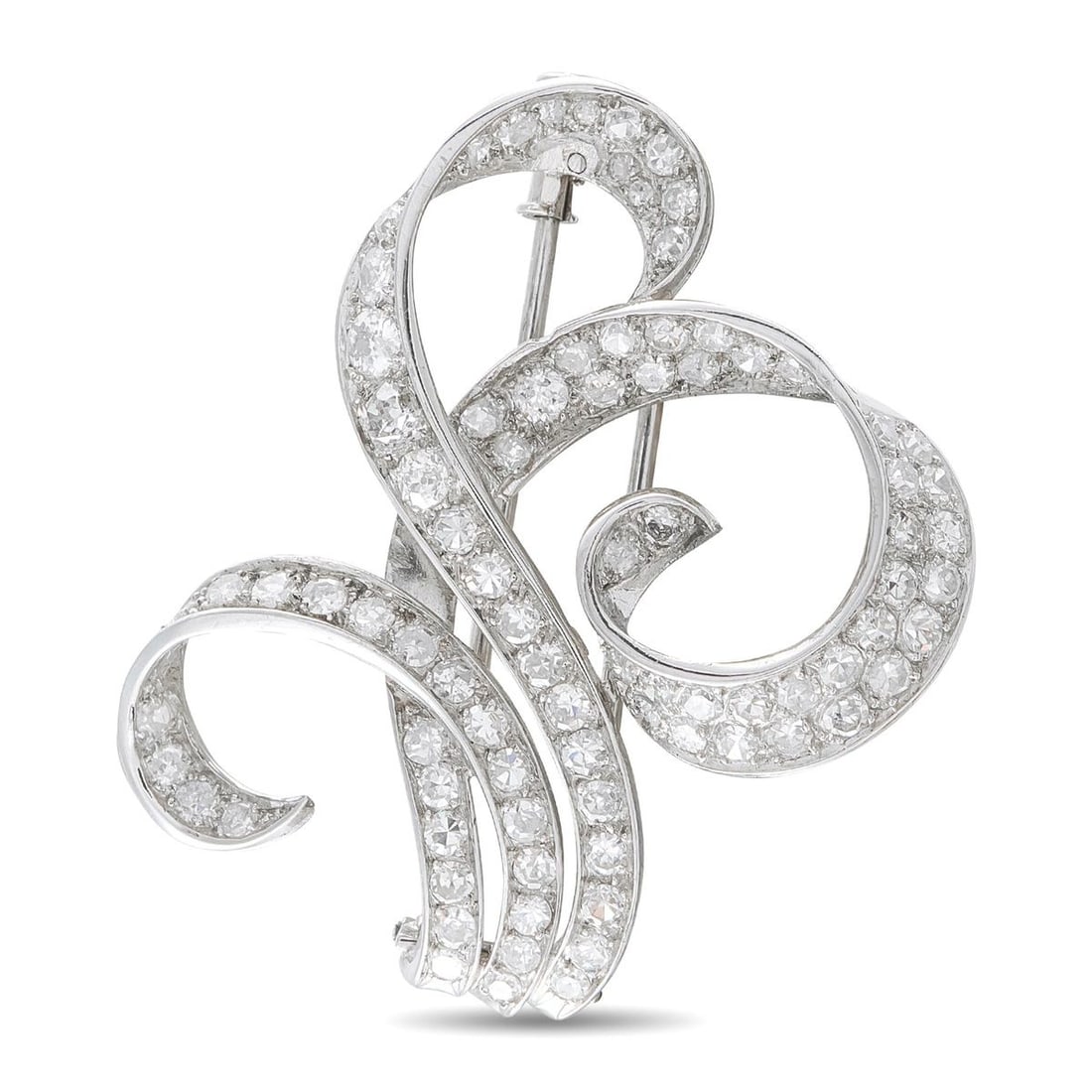 ANTIQUE 18K WHITE GOLD 4.85CT DIAMOND BROOCH: This brooch is an antique-style swirling ribbon design crafted in 18K white gold, pave-set throughout with round diamonds totaling approximately 4.85 carats. The sculptural scrolled motif creates a se