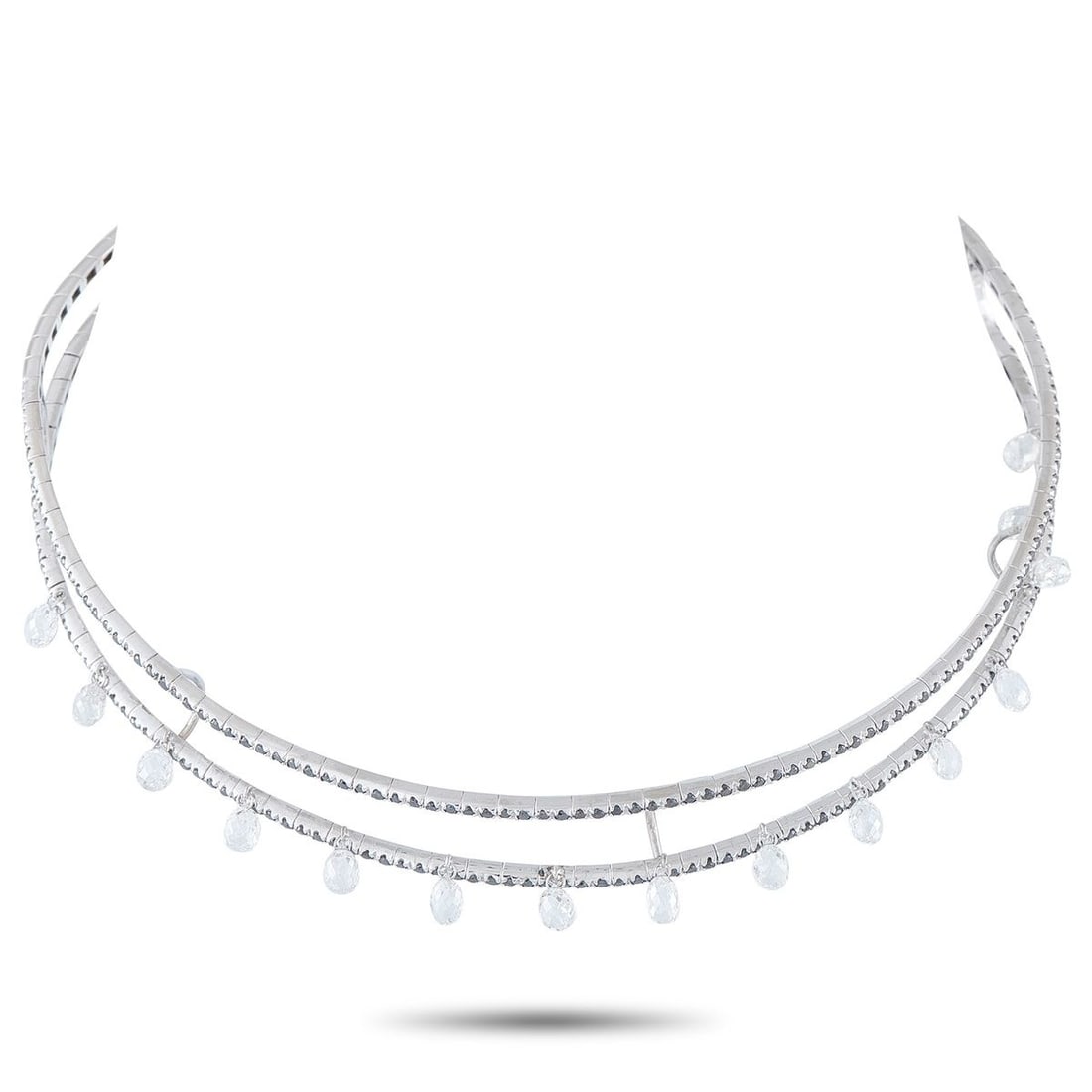 AARON BASHA 18K WHITE GOLD 13.25CT BLACK AND WHITE DIAMOND CHOKER NECKLACE: This choker style necklace from Aaron Basha is simple, elegant, and incredibly chic. The sleek 18K White Gold setting features a double row of black Diamonds with a total weight of 3.0 carats. Briolet