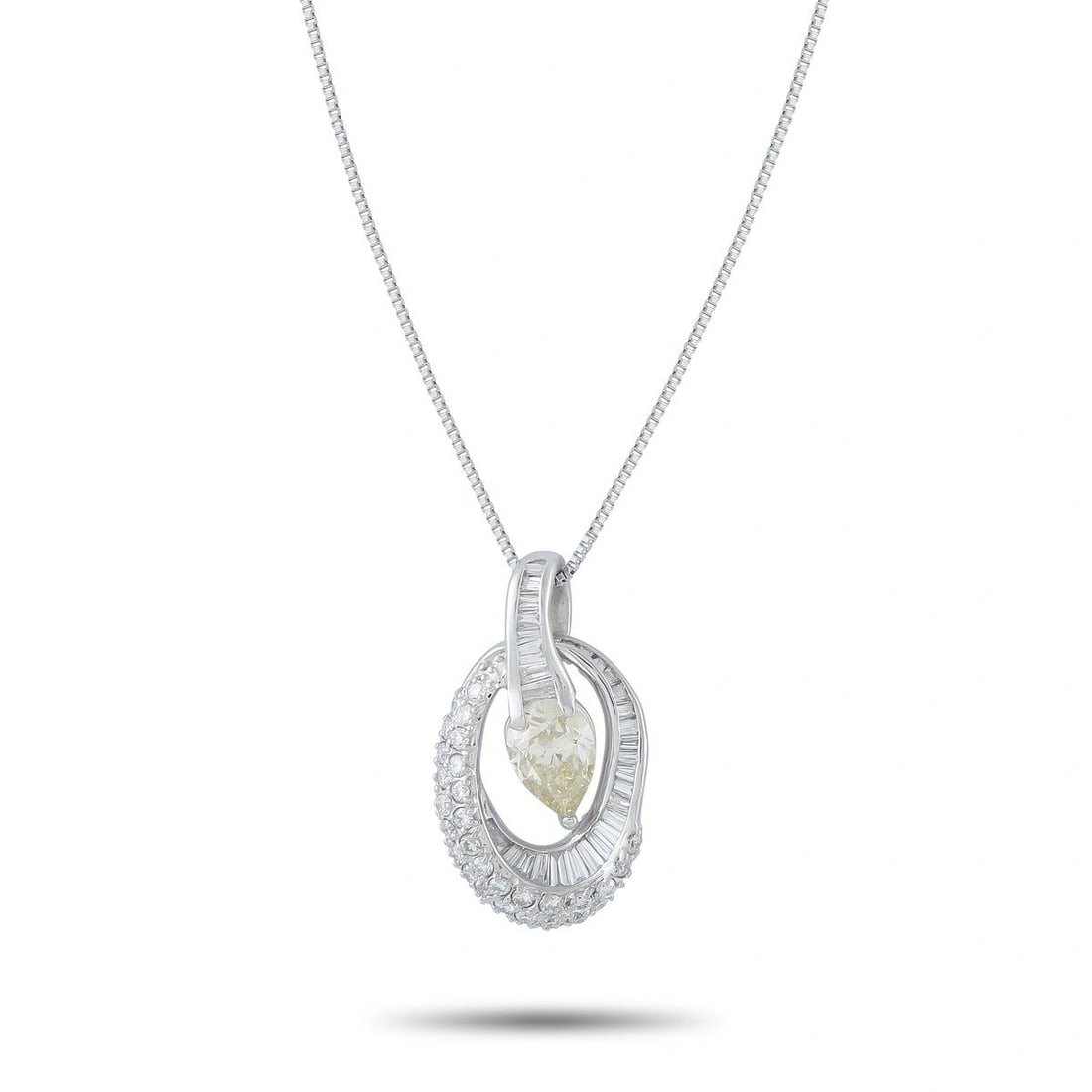 PLATINUM 1.78CT DIAMOND OVAL HALO PENDANT NECKLACE: A platinum pendant featuring a 1.03 ct pear-shaped fancy light yellow diamond at center, set within an oval halo of baguette and round diamonds totaling 0.75 ct, suspended on a 17 platinum box chain. 