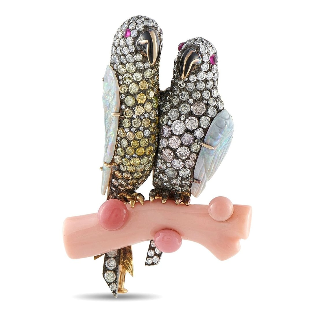18K ROSE GOLD AND STERLING SILVER 4.20CT DIAMOND, OPAL, AND CONCH PEARL LOVEBIRDS BROOCH: This whimsical brooch is crafted in 18K rose gold and sterling silver, depicting a pair of lovebirds pave-set with white and fancy pink and yellow diamonds totaling approximately 4.20 carats, with rub