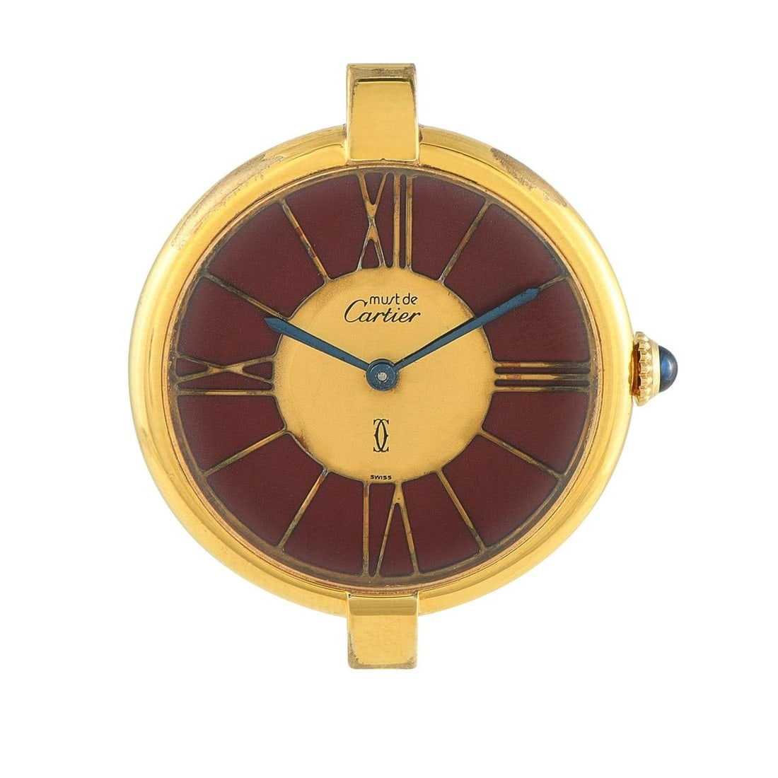 CARTIER MUST DE CARTIER VENDME BURGUNDY CLOISONNE DIAL VERMEIL QUARTZ WATCH: An elegant and rare Cartier Must Vendme case distinguished by its two bar lugs and a burgundy dial with cloisonn-style gold striping. The sunburst effect on the dial gives depth to the watch's face, w