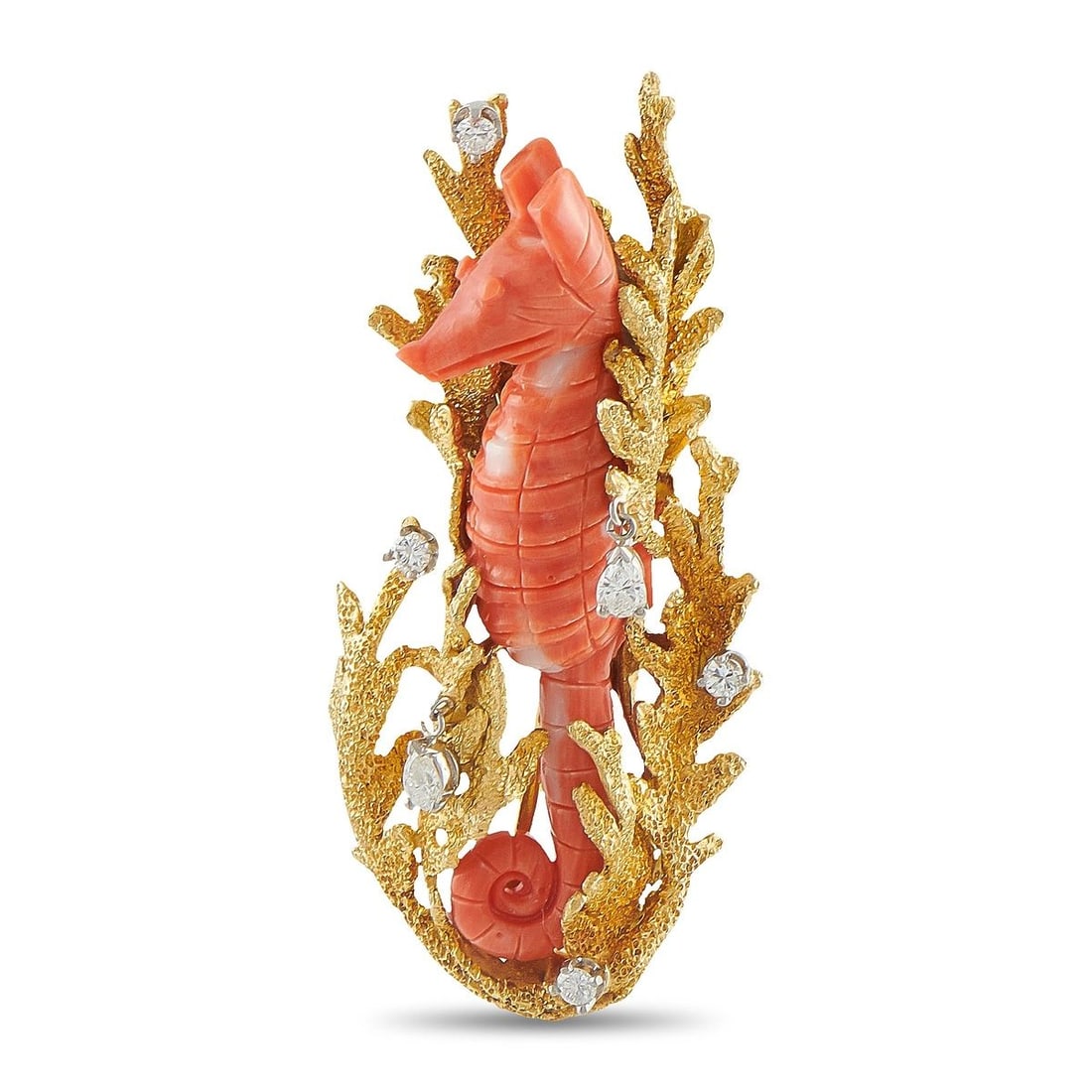 18K YELLOW GOLD 0.70CT DIAMOND AND CORAL SEAHORSE BROOCH: This detailed brooch depicts one of the worlds most alluring animals. The carved Coral seahorse contrasts beautifully against the textured 18K Yellow Gold metalwork. Sparkling Diamonds with a total we