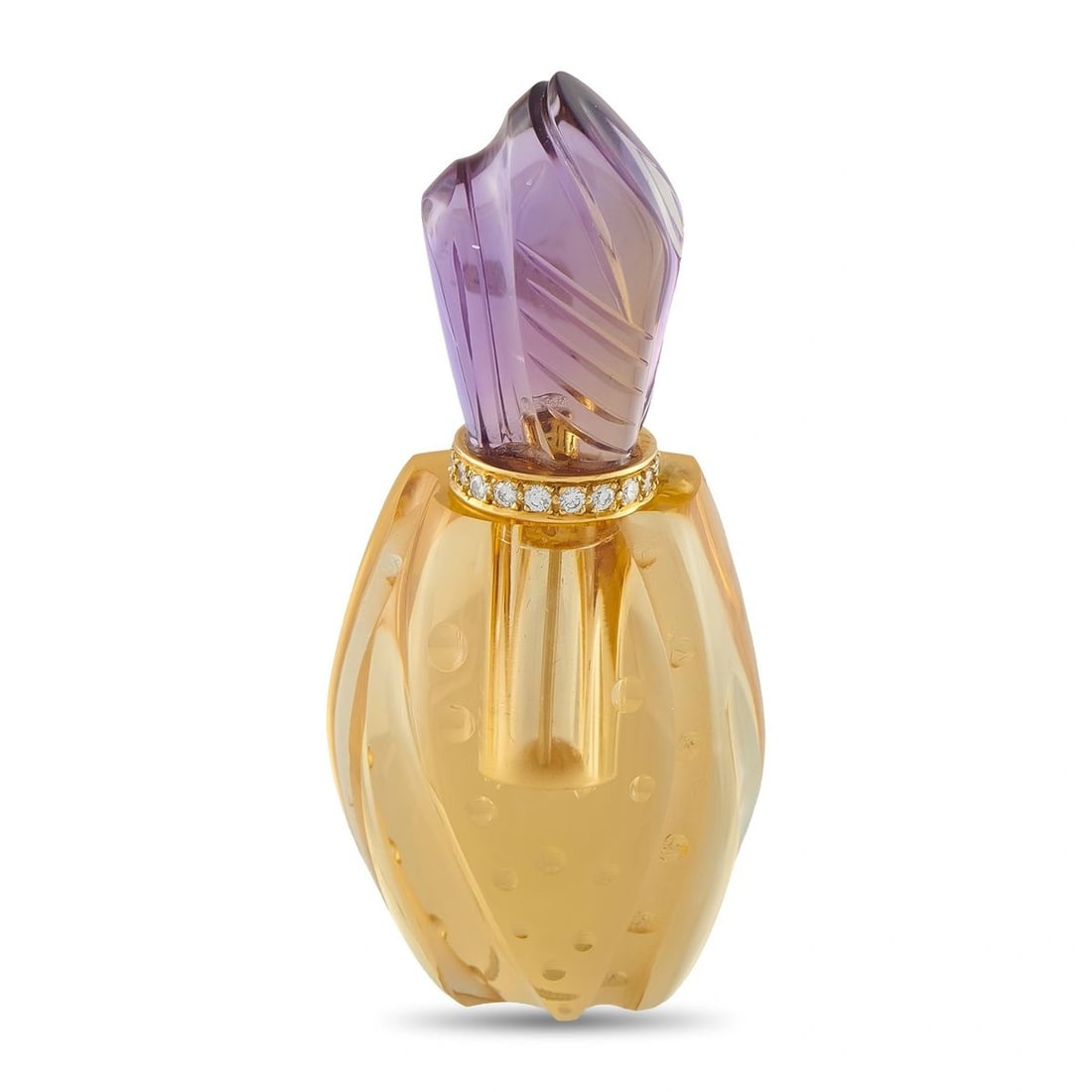 18K YELLOW GOLD DIAMOND, AMETHYST, AND CITRINE PERFUME BOTTLE: This stunning perfume bottle exudes old fashioned elegance. A fabulous addition to any vanity or dresser top, it includes a Citrine base and a carved Amethyst stopper. At the center, a series of Diamo
