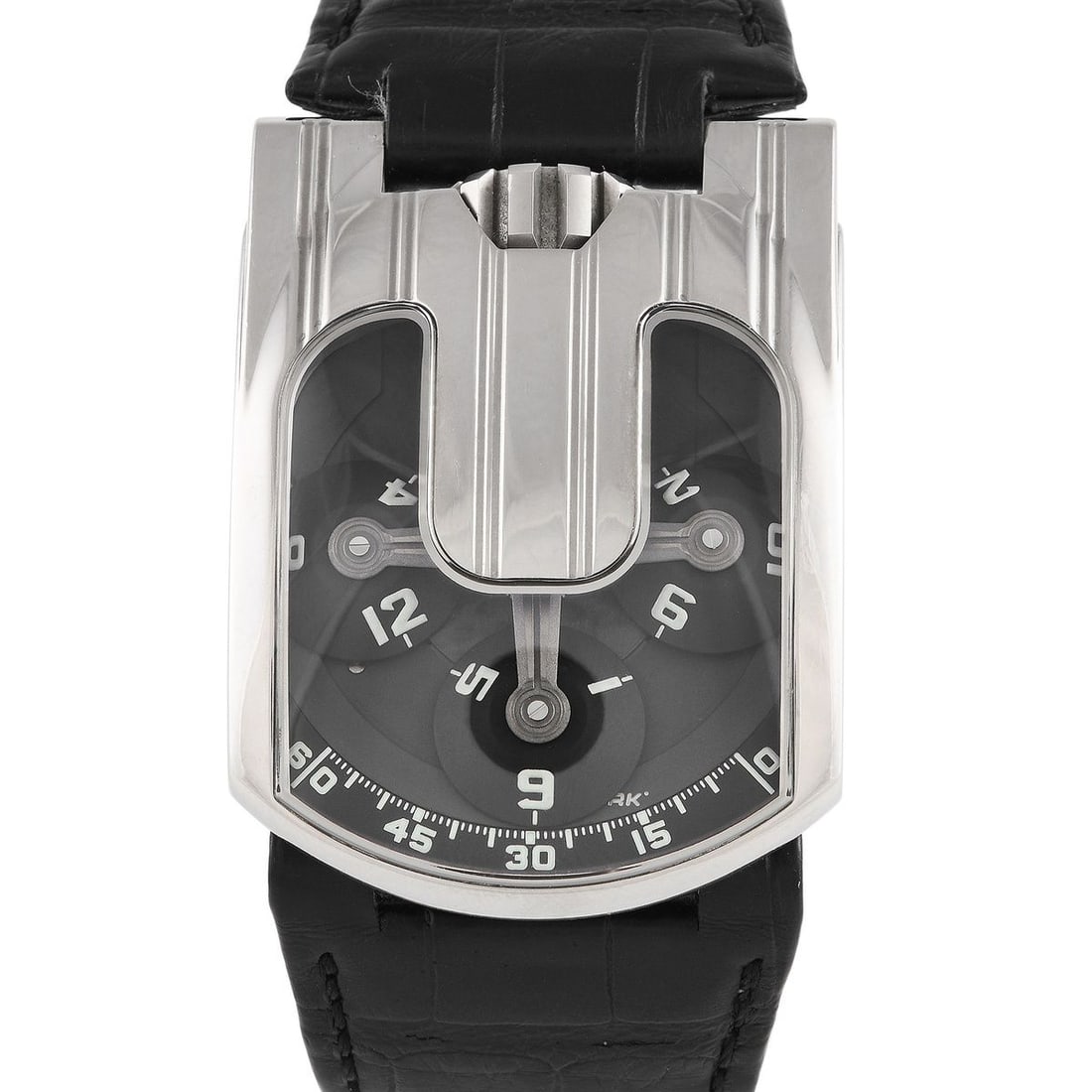 URWERK UR-103.07 18K WHITE GOLD WATCH UR-103.07: The Urwerk UR-103.07 is a prime example of avant-garde watchmaking, showcasing the brand's innovative approach to time display. This 18k white gold watch measures 50mm x 36mm, showcasing Urwerk's sign