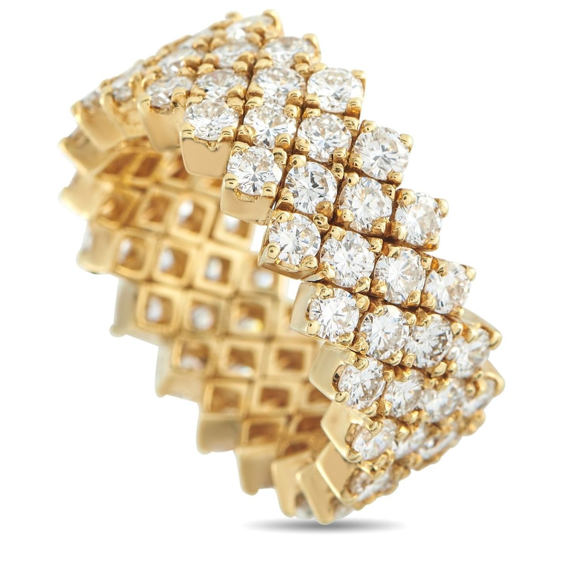 18K YELLOW GOLD 4.85CT DIAMOND LATTICE ETERNITY RING: Executed in 18K yellow gold, this eternity ring is designed with geometry and precision at its core. Round diamonds totaling 4.85 carats are arranged in an open lattice pattern across the 9mm band. Th