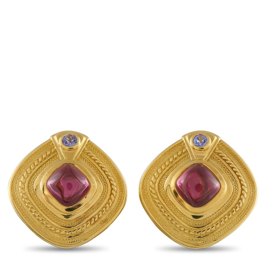 SEIDENGANG 18K YELLOW GOLD GARNET AND IOLITE CLIP-ON EARRINGS: Textured 18K Yellow Gold settings set the stage for these stylish Seiden Gang earrings. Garnet and Iolite accents add a subtle pop of color to the opulent design. Each earring measures 1.19 long by 1.