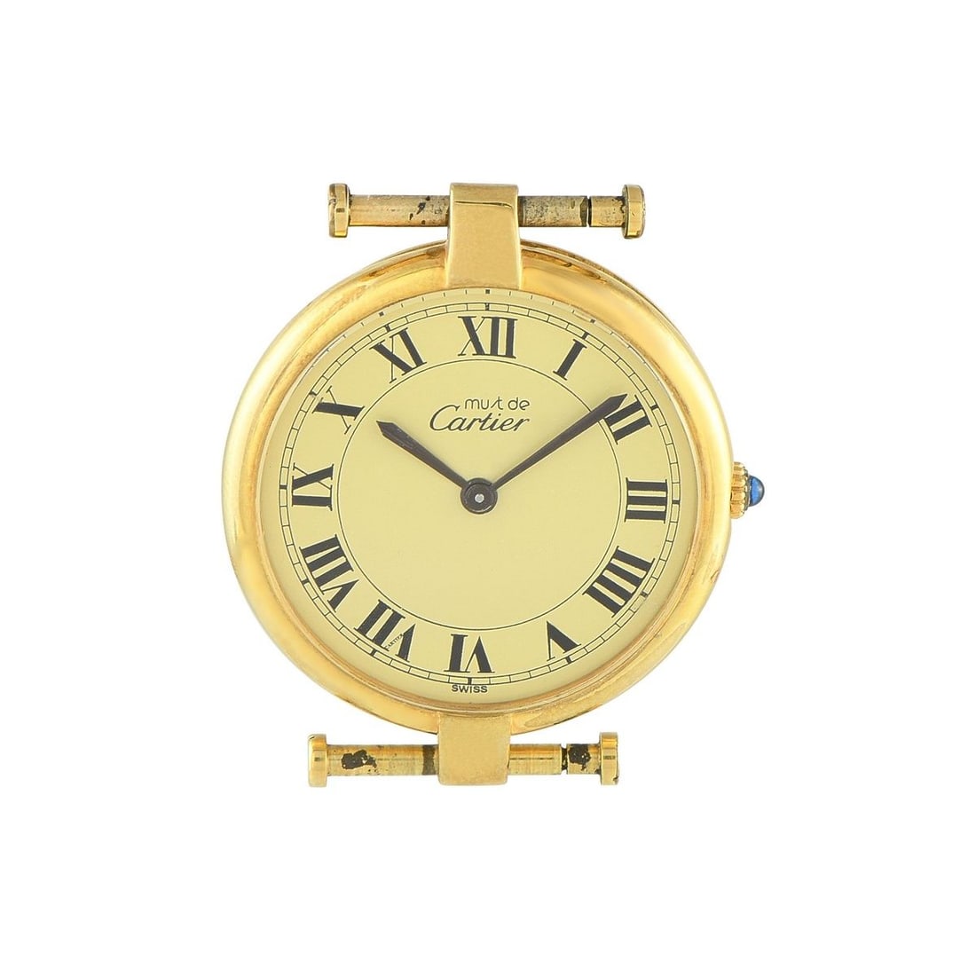 CARTIER MUST DE CARTIER VENDME ROMAN DIAL VERMEIL QUARTZ WATCH: A Cartier with true character. This Must de Cartier vermeil case with Vendme lugs features a crown set with a sapphire cabochon. Its lemon-colored dial, prized by collectors, is detailed with black Ro