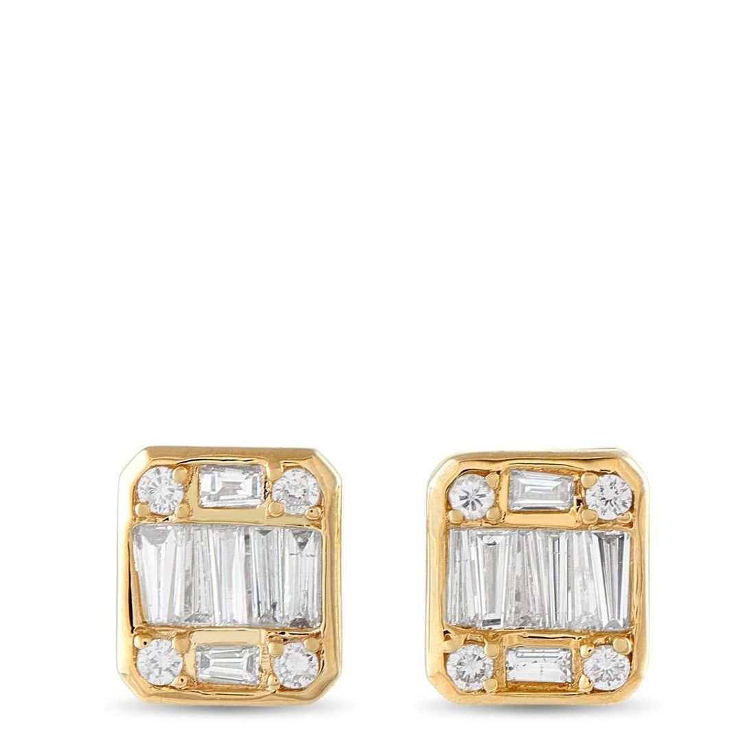 14K YELLOW GOLD 0.75CT DIAMOND CLUSTER SQUARE STUD EARRINGS: These 14K yellow gold studs deliver a crisp, modern look in a rounded square shape. Baguette diamonds form clean lines across the front, with four round diamonds set neatly at the corners. The design 