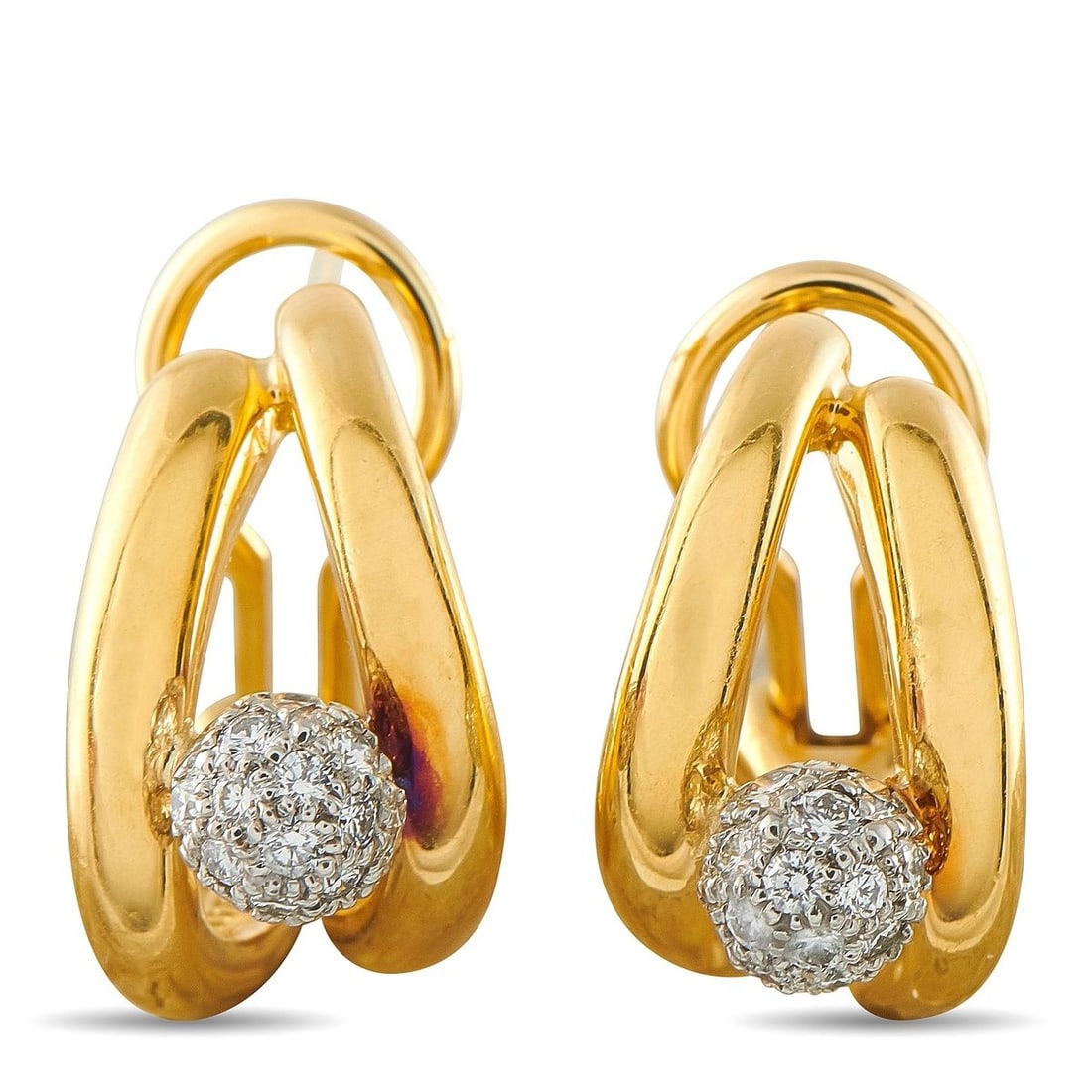 TIFFANY & CO. 18K YELLOW GOLD 0.40CT DIAMOND EARRINGS: These Tiffany & Co. earrings will never go out of style. At the center of the curved 18K Yellow Gold settings, orbs covered in sparkling Diamonds totaling 0.40 carats effortlessly catch the light. Eac