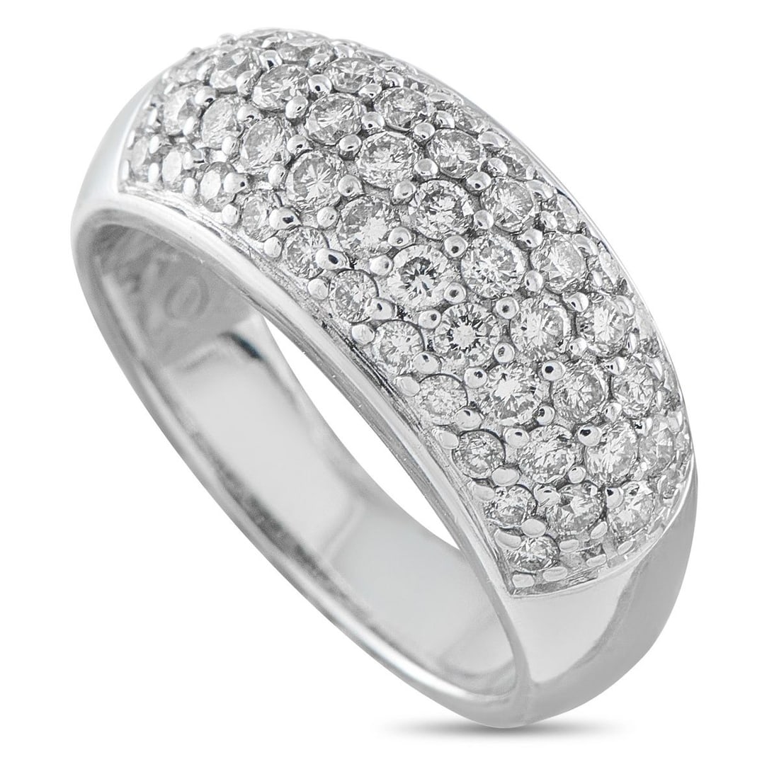 14K WHITE GOLD 1.0CT DIAMOND PAV RING: A glamorous pav band ring in 14K white gold, set with approximately 1.0 carats total weight of round brilliant diamonds covering the domed multi-row top surface in a classic bomb-style formation. The 