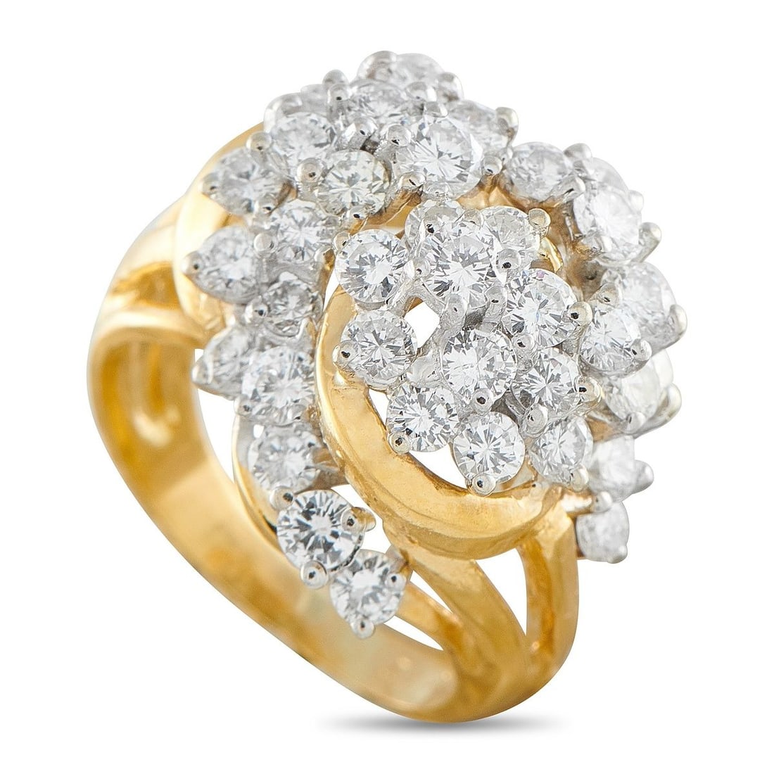 18K YELLOW GOLD 3.0CT DIAMOND RING: A dazzling array of Diamonds totaling 3.0 carats make this ring simply spectacular. Set in 18K Yellow Gold, this dynamic accessory will continually captivate. With a 3mm wide band and a 15mm top heigh
