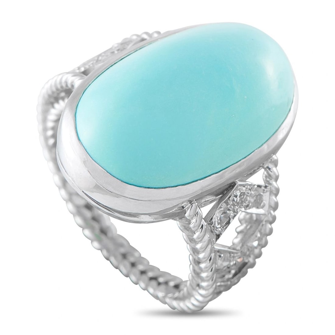 18K WHITE GOLD 0.20CT DIAMOND AND TURQUOISE RING: This 18K white gold ring showcases a large oval cabochon turquoise stone framed by a rope-twist split shank accented with round diamonds totaling approximately 0.20 carats. The ring weighs 11.8 grams.