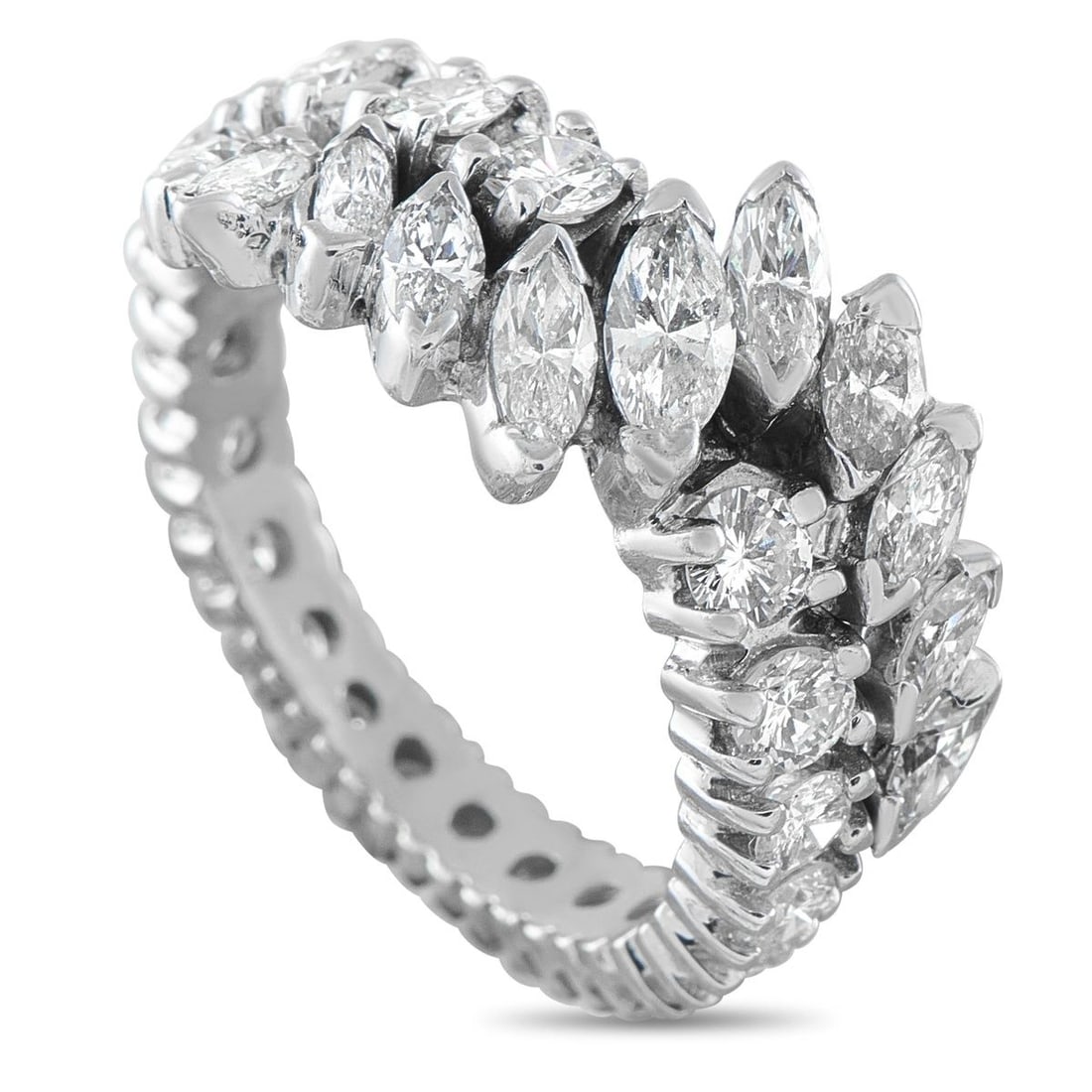 14K WHITE GOLD 2.20CT DIAMOND RING: This eternity-style ring is crafted in 14K white gold and is set with marquise and round brilliant diamonds totaling approximately 2.20 carats around the full band. The ring weighs 4.5 grams and is a 