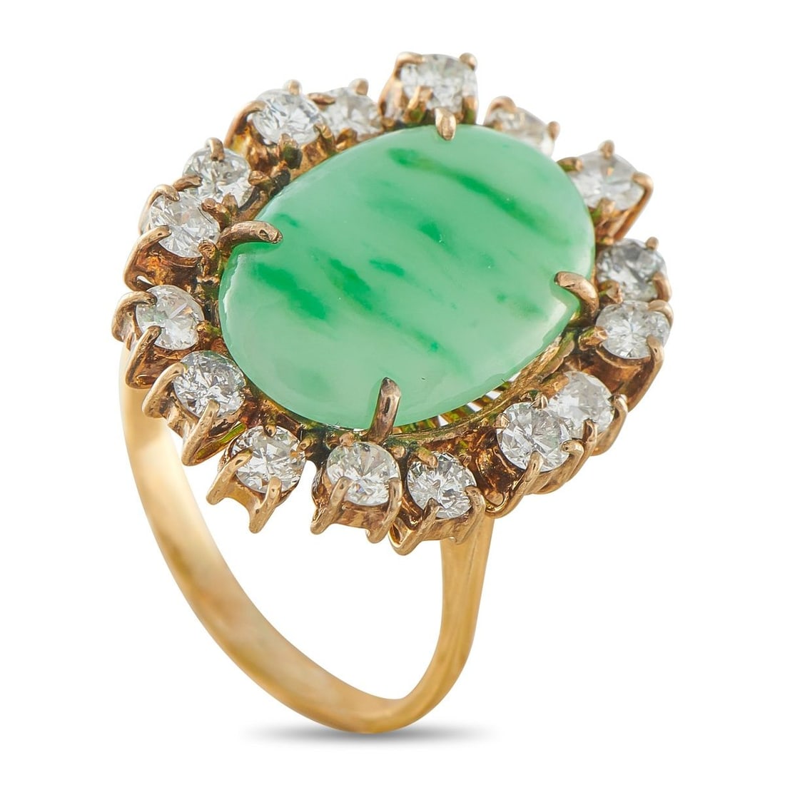 14K YELLOW GOLD 1.28CT DIAMOND AND JADE RING: This luxury ring is undeniably opulent. Set in 14K Yellow Gold, a halo of sparkling Diamonds totaling 1.28 carats surround the captivating 3.60 carat Jade center stone. It features a 1mm wide band and
