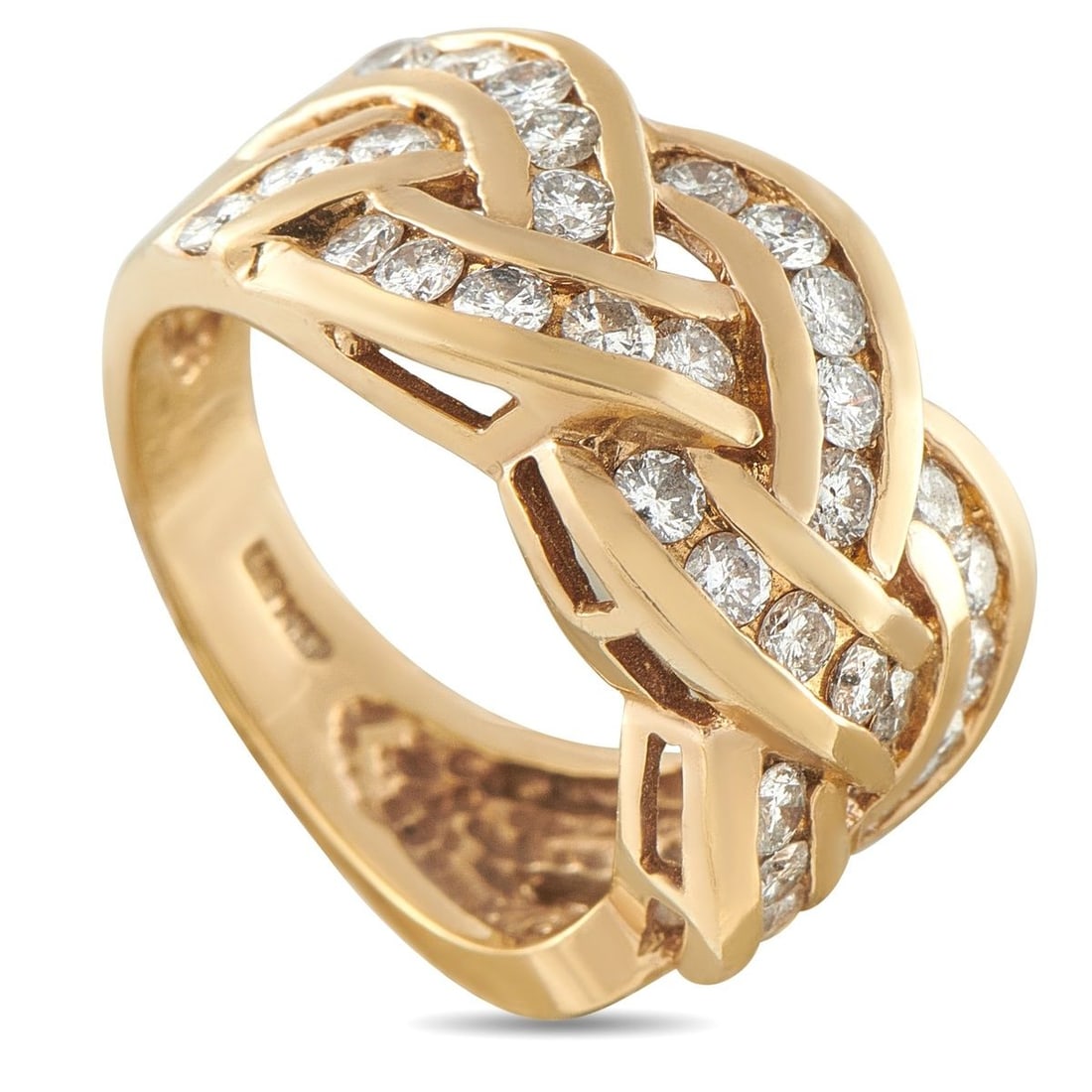 14K YELLOW GOLD 1.14CT DIAMOND WOVEN RING: An eye-catching woven ring in 14K yellow gold, featuring three interlocking diagonal rows of channel-set round diamonds totaling 1.14 ct in an open lattice pattern. The geometric open-work design crea