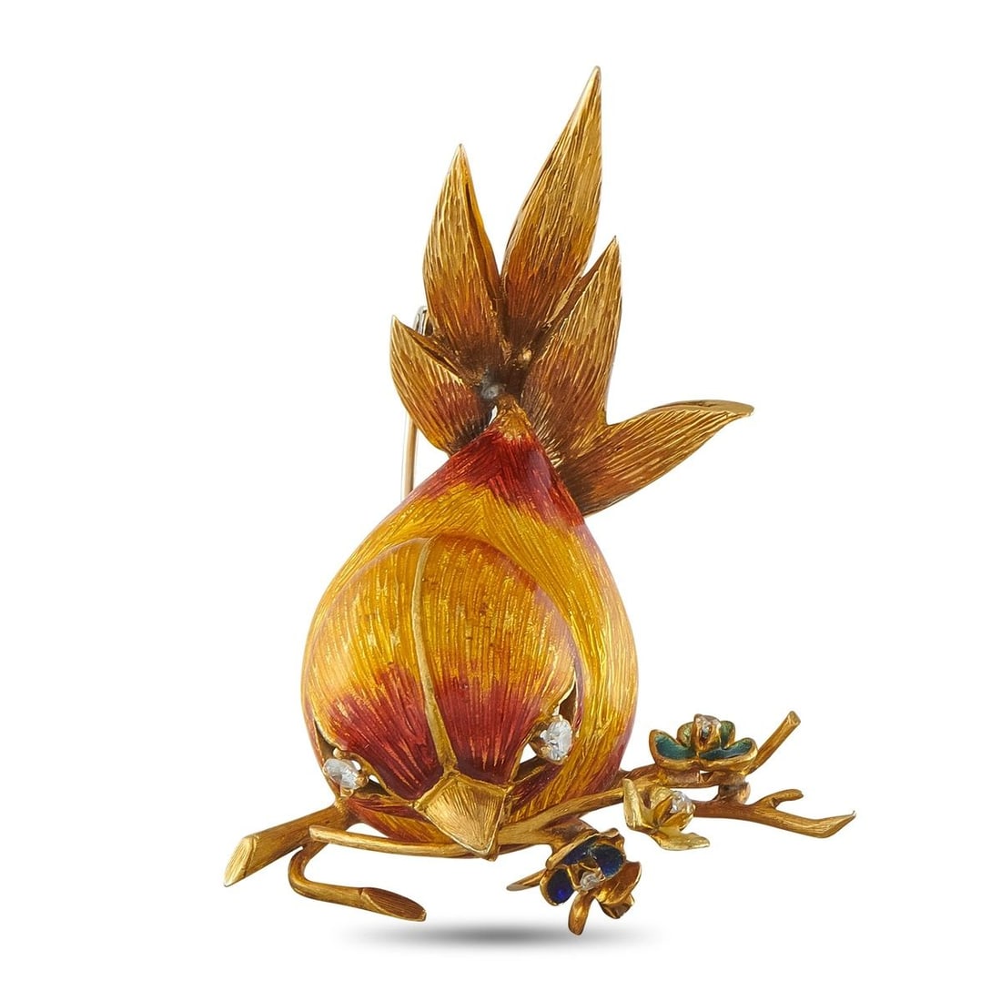 18K YELLOW GOLD 0.20CT DIAMOND AND ENAMEL BIRD BROOCH: This retro brooch features a captivating design that draws inspiration from nature. Shaped like a bird perched upon a branch, this accessorys straight-on view makes it incredibly unique. Textured 18K 