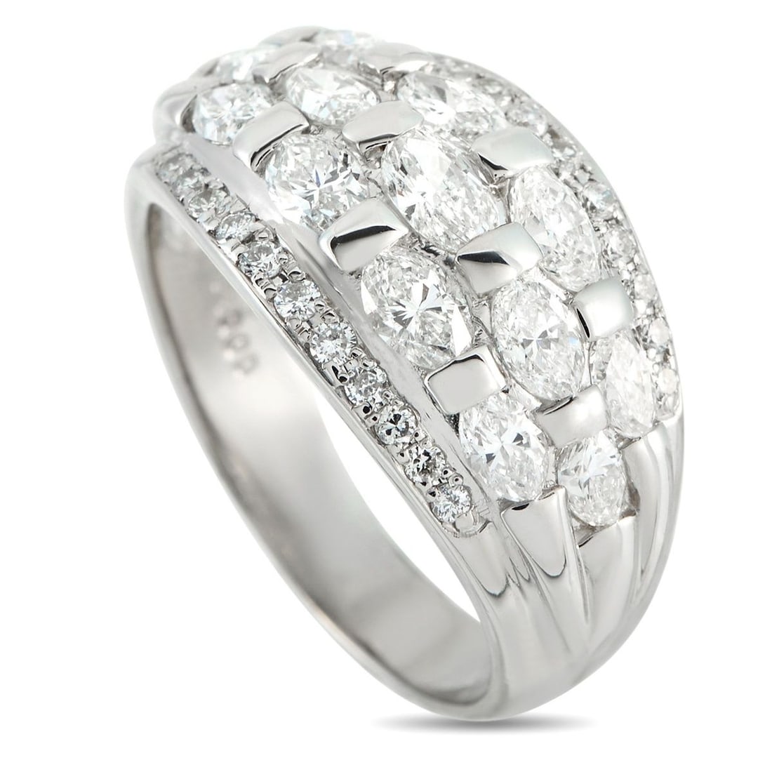 PLATINUM 2.03CT DIAMOND DOME RING: This platinum dome ring catches light in sculpted succession. Three rows of marquise diamonds, totaling 2.03 carats, arc across its top, divided by short panels of polished platinum. Along the outer e