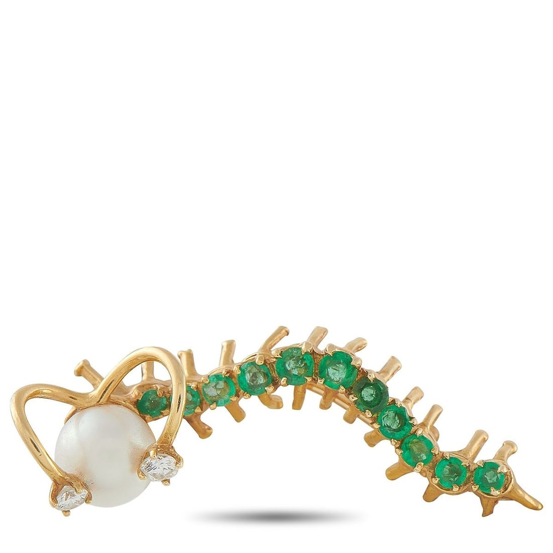 18K YELLOW GOLD DIAMOND, EMERALD, AND PEARL CATERPILLAR BROOCH: This brooch is instantly captivating. Meant to resemble a Caterpillar, vibrant Emerald gemstones add a splash of color to the charming design. A pearl serves as the head, while sparkling Diamonds acce