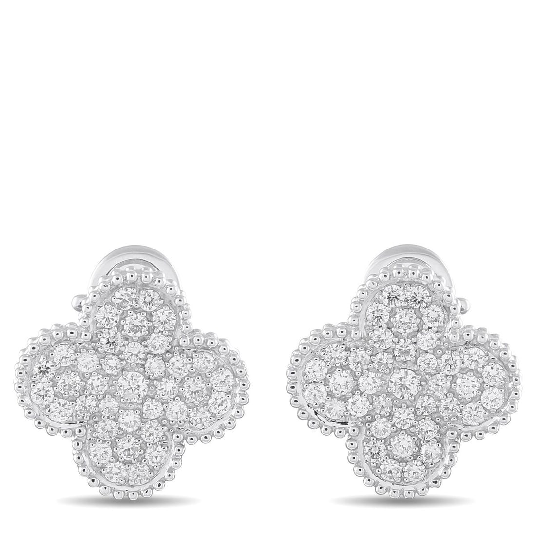 18K WHITE GOLD 1.50CT DIAMOND CLOVER EARRINGS: This pair of clover-shaped earrings is crafted in 18K white gold and pave-set with round brilliant-cut diamonds totaling approximately 1.50 carats. Each earring measures approximately .75 x .75 inches