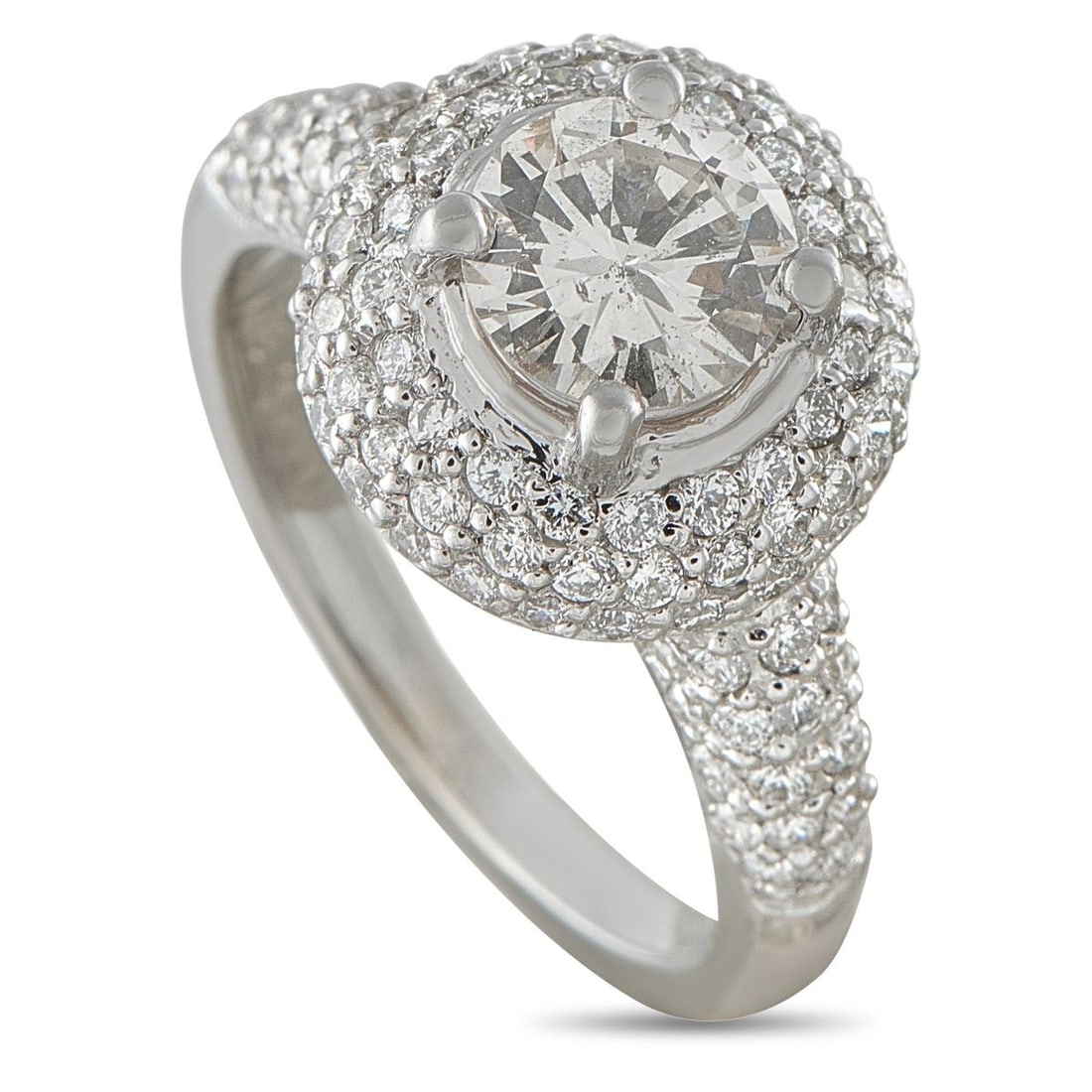 18K WHITE GOLD 1.95CT DIAMOND RING: This ring is crafted in 18K white gold and showcases a round center diamond of approximately 1.10 carats surrounded by a double halo of pave-set round diamonds, with pave diamonds continuing down the 