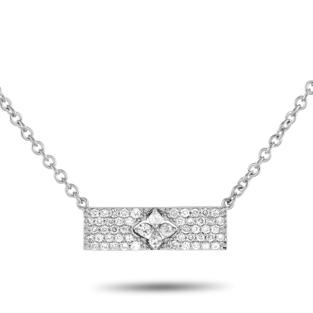 14K WHITE GOLD 0.55CT DIAMOND NECKLACE: This 14K white gold necklace is undeniably opulent. At the center of the 15 chain, youll find a rectangular pendant measuring 0.25 long by 0.75 wide. Diamonds with a total weight of 0.55 carats allow