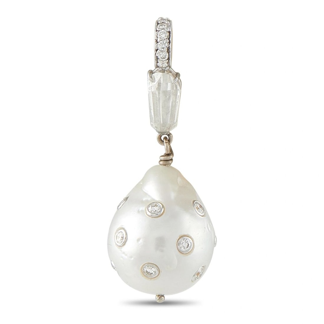 18K WHITE GOLD 1.35CT DIAMOND AND PEARL PENDANT: This pendant is crafted in 18K white gold and features a diamond-set bail suspending a diamond drop accented with pave-set round diamonds, for a total diamond weight of approximately 1.35 carats. The
