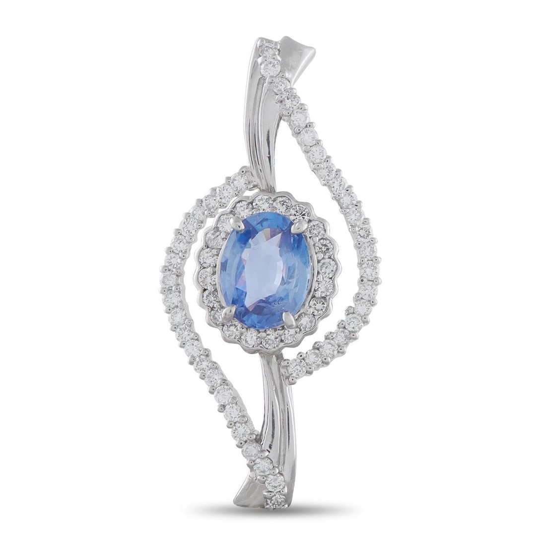 PLATINUM 0.92CT DIAMOND AND SAPPHIRE PENDANT: In this pendant, light moves and color holds the focus. At its center is a 2.57 ct sapphire held by four claw prongs. Around it, diamonds form a floral halo before flowing into softly wavy ribbons of 