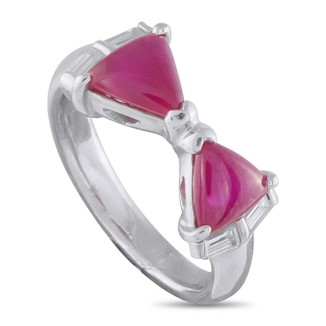 PLATINUM 0.33CT DIAMOND AND RUBY RING: Fashioned in platinum, this ring holds two triangle-cut ruby cabochons totaling 2.37 carats, arranged point to point in a subtle bow-like form. The rubies are accented by pairs of baguette diamonds
