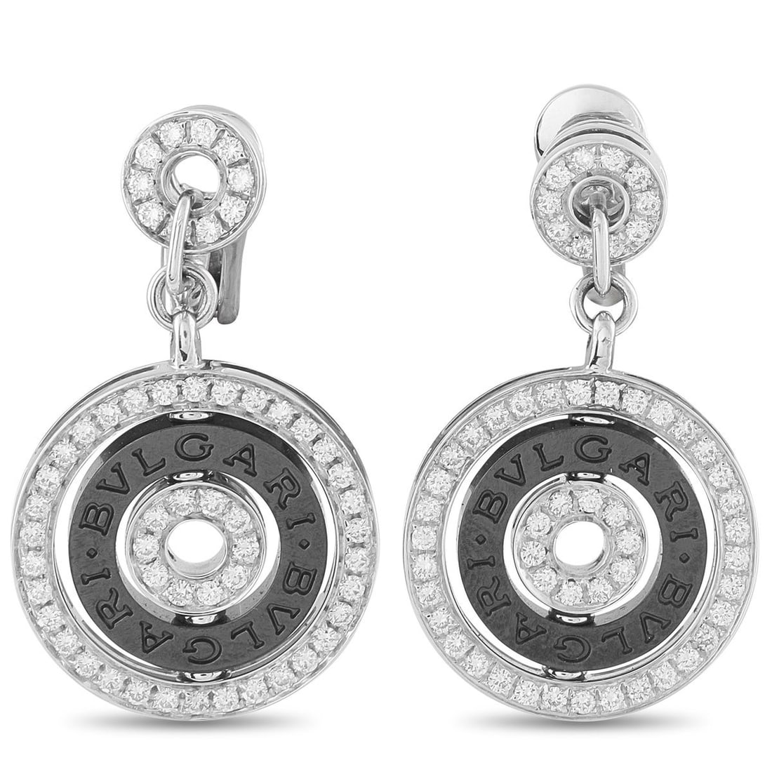 BVLGARI ASTRALE 18K WHITE GOLD DIAMOND AND CERAMIC EARRINGS: These Bvlgari Astrale earrings feature a classic design that will never go out of style. Circular motifs are elevated by sparkling Diamonds, while black Ceramic accents at the center subtly display th