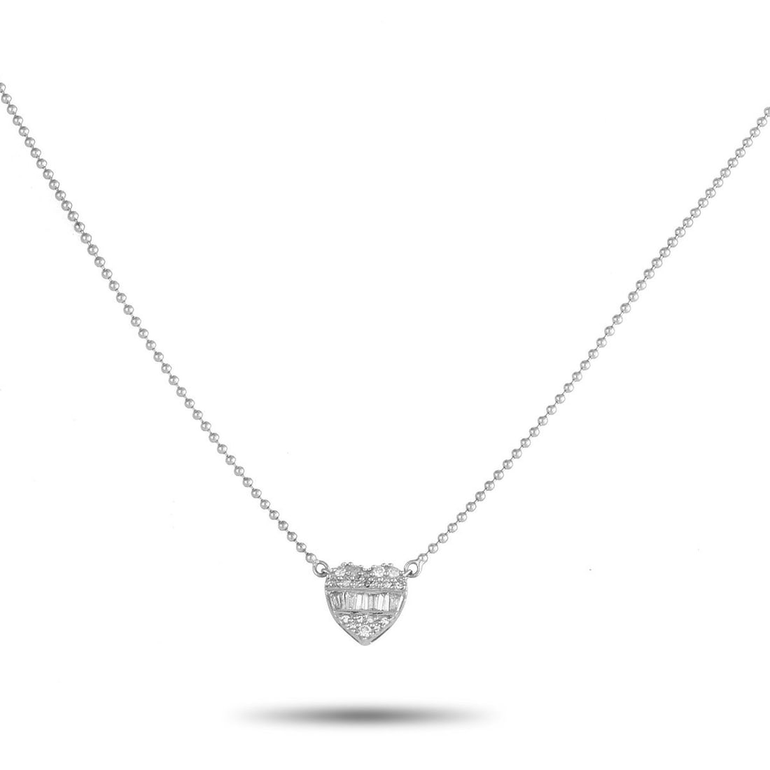 14K WHITE GOLD 0.20CT DIAMOND HEART NECKLACE: This luxury necklace is the perfect gift for your beloved. At the center of a delicate 16 ball chain, a heart-shaped pendant measuring 0.25 round is elevated by inset Diamonds totaling 0.20 carats. Cr