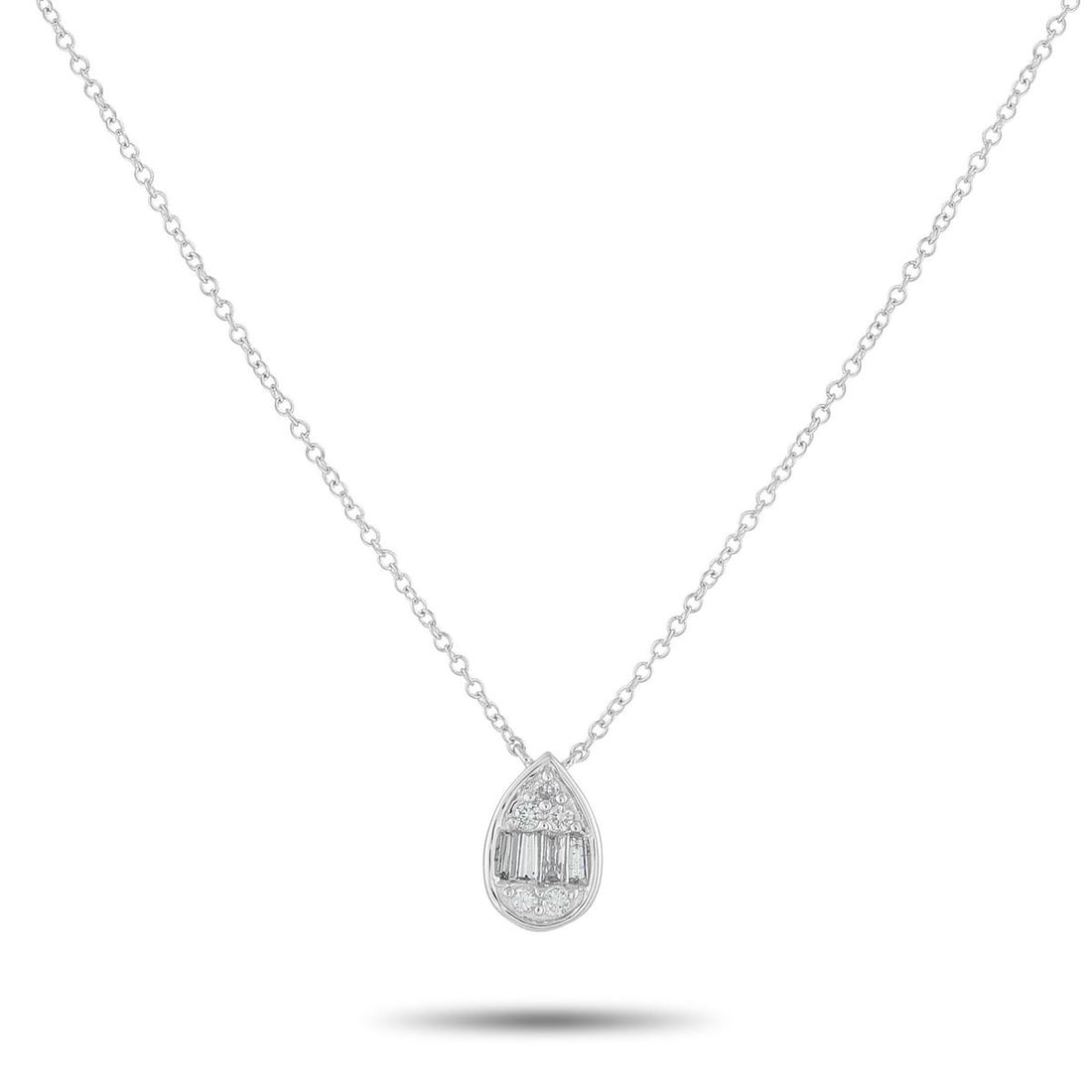 14K WHITE GOLD 0.20CT DIAMOND NECKLACE: Add a subtle touch of sparkle to any ensemble with this elegant necklace. The pear-shaped pendant shines to life thanks to inset Diamonds totaling 0.20 carats. Crafted from 14K White Gold, the pendant