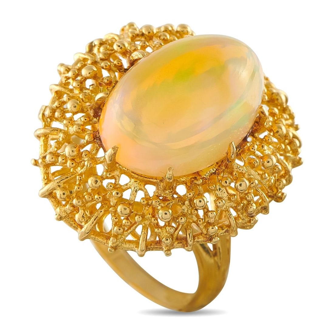 18K YELLOW GOLD 8.0CT EGYPTIAN OPAL RING: A luminous 8.0 carat Egyptian Opal adds warmth, color, and style to the center of this exquisite luxury ring. Crafted from 18K Yellow Gold, intricate metalwork makes it a captivating piece that will c