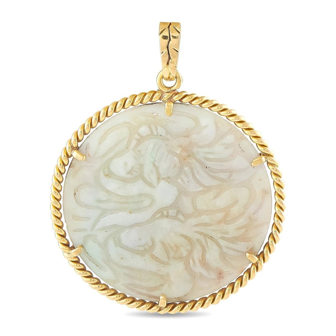 18K YELLOW GOLD CARVED JADE PENDANT: This pendant is crafted in 18K yellow gold and features a hand-carved circular jade medallion prong-set within a twisted rope-style frame, suspended from a scalloped gold bail. The jade is carved with