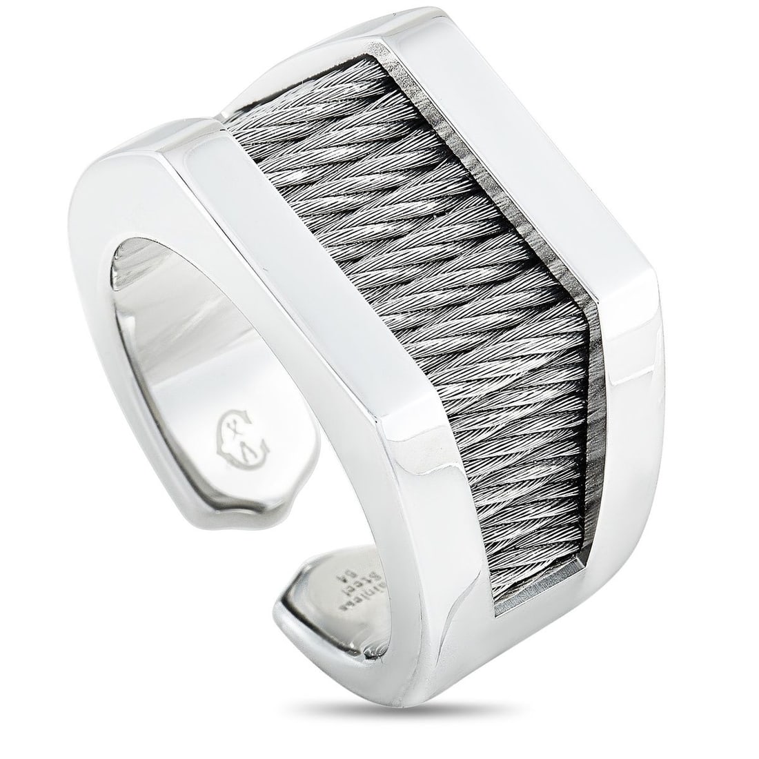 CHARRIOL FOREVER STAINLESS STEEL RING: The Charriol Forever ring is crafted from stainless steel and weighs 15.7 grams. The ring boasts band thickness of 7 mm and top height of 4 mm, while top dimensions measure 25 by 14 mm.This item is of
