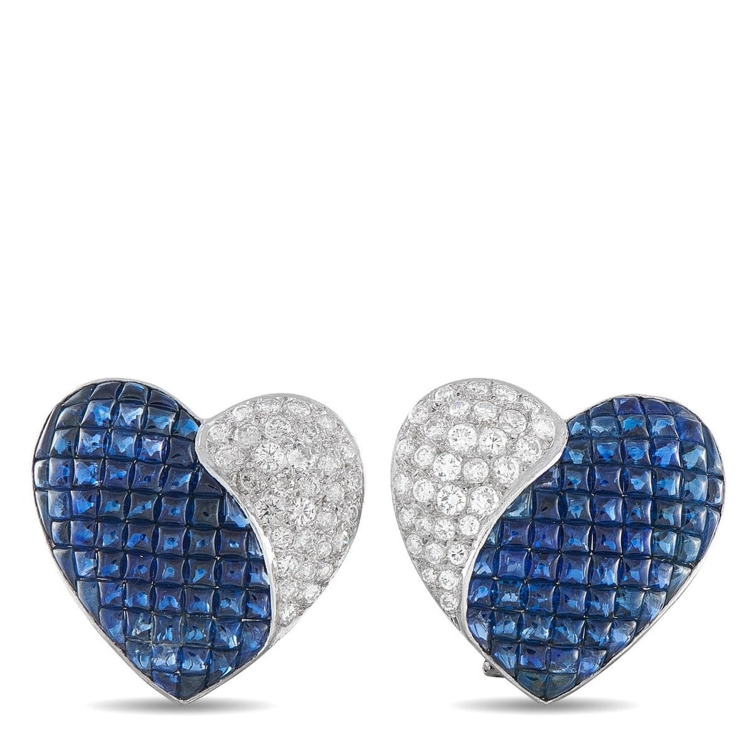18K WHITE GOLD 1.75CT DIAMOND AND SAPPHIRE HEART CLIP-ON EARRINGS: These luxury earrings are endlessly charming. The classic heart-shaped design is elevated by sparkling pave Diamonds totaling 1.75 carats and invisible-set Sapphires with a total weight of 5.80 carats