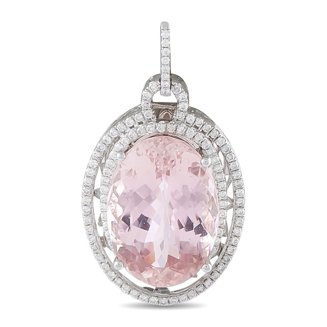 18K WHITE GOLD 0.50CT DIAMOND AND KUNZITE PENDANT: This pendant is crafted in 18K white gold and centers on a large oval-cut kunzite gemstone weighing approximately 24.85 carats, surrounded by a double halo of round brilliant diamonds totaling approxi