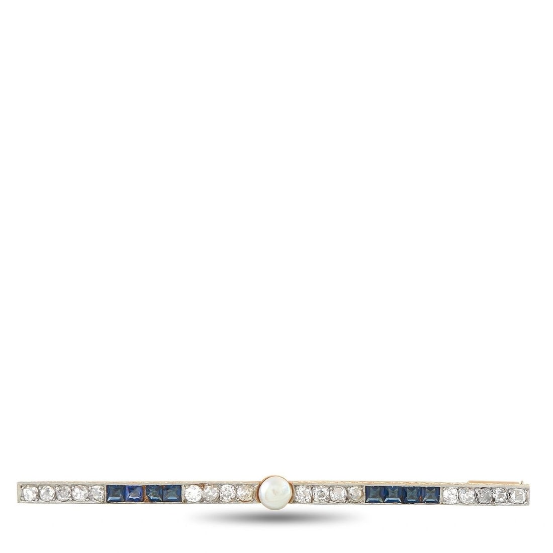 ANTIQUE 18K YELLOW GOLD 1.40CT DIAMOND AND SAPPHIRE BROOCH: This antique bar brooch is crafted in 18K yellow gold and set with a channel of old European-cut diamonds totaling approximately 1.40 carats alternating with vivid blue sapphires totaling approximatel