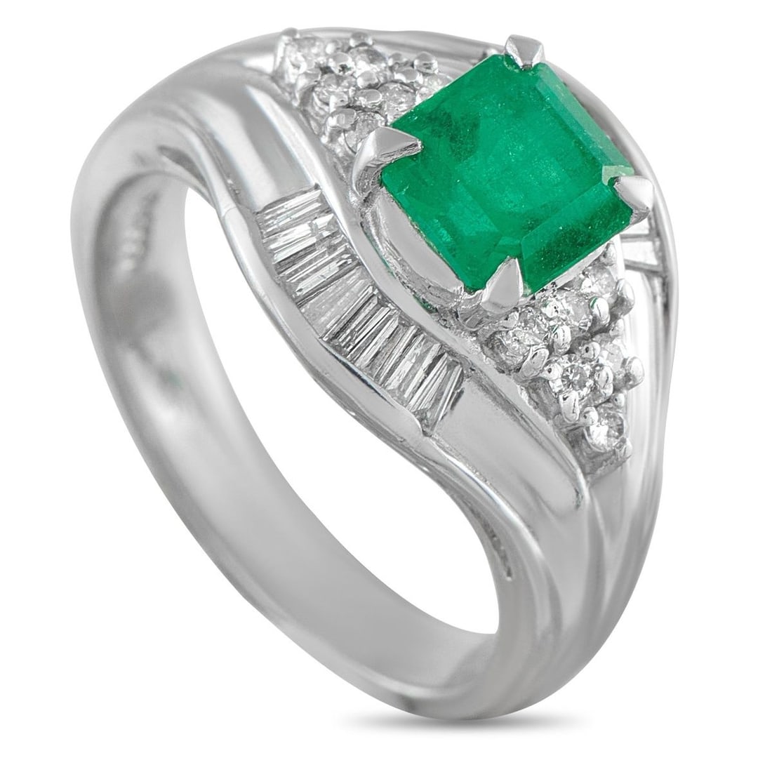 PLATINUM 0.36CT DIAMOND AND EMERALD RING: This radiant luxury ring is a piece that will elevate any jewelry collection. A bold Platinum setting beautifully showcases the vibrant 1.03 carat Emerald center stone. Diamond accents totaling 0.36